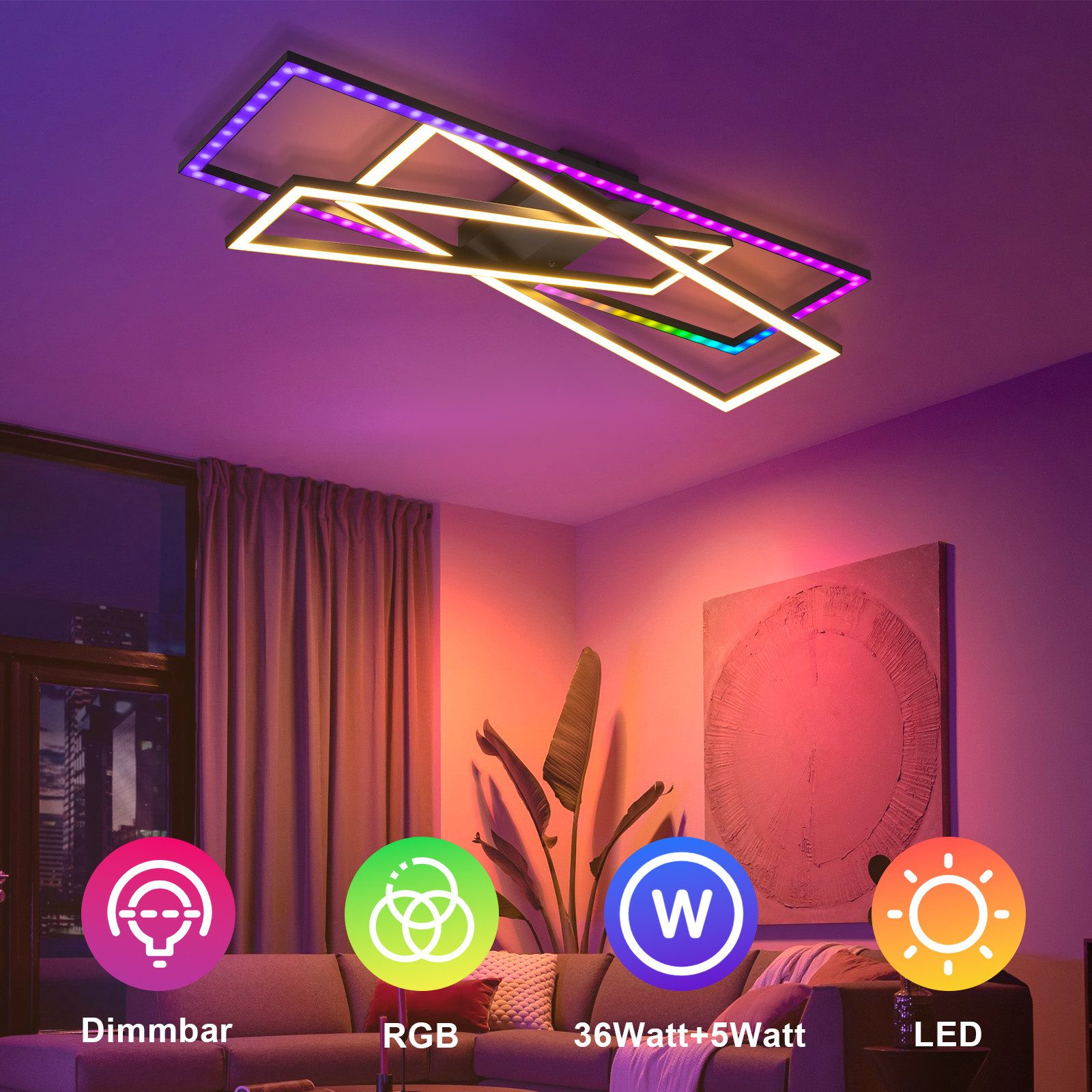Un soggiorno moderno con una plafoniera LED geometrica che mostra molteplici colori.