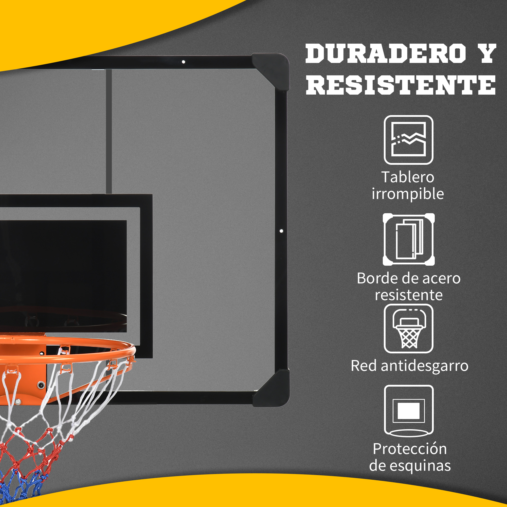 Se muestra un aro de baloncesto con un tablero gris, un aro naranja y una red roja y azul.