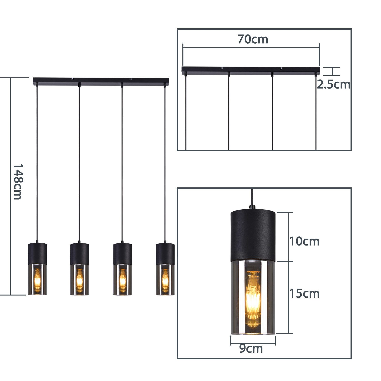 Schemat przedstawia wymiary czarnej czteropunktowej lampy wiszącej ze szklanymi kloszami i widocznymi żarówkami.