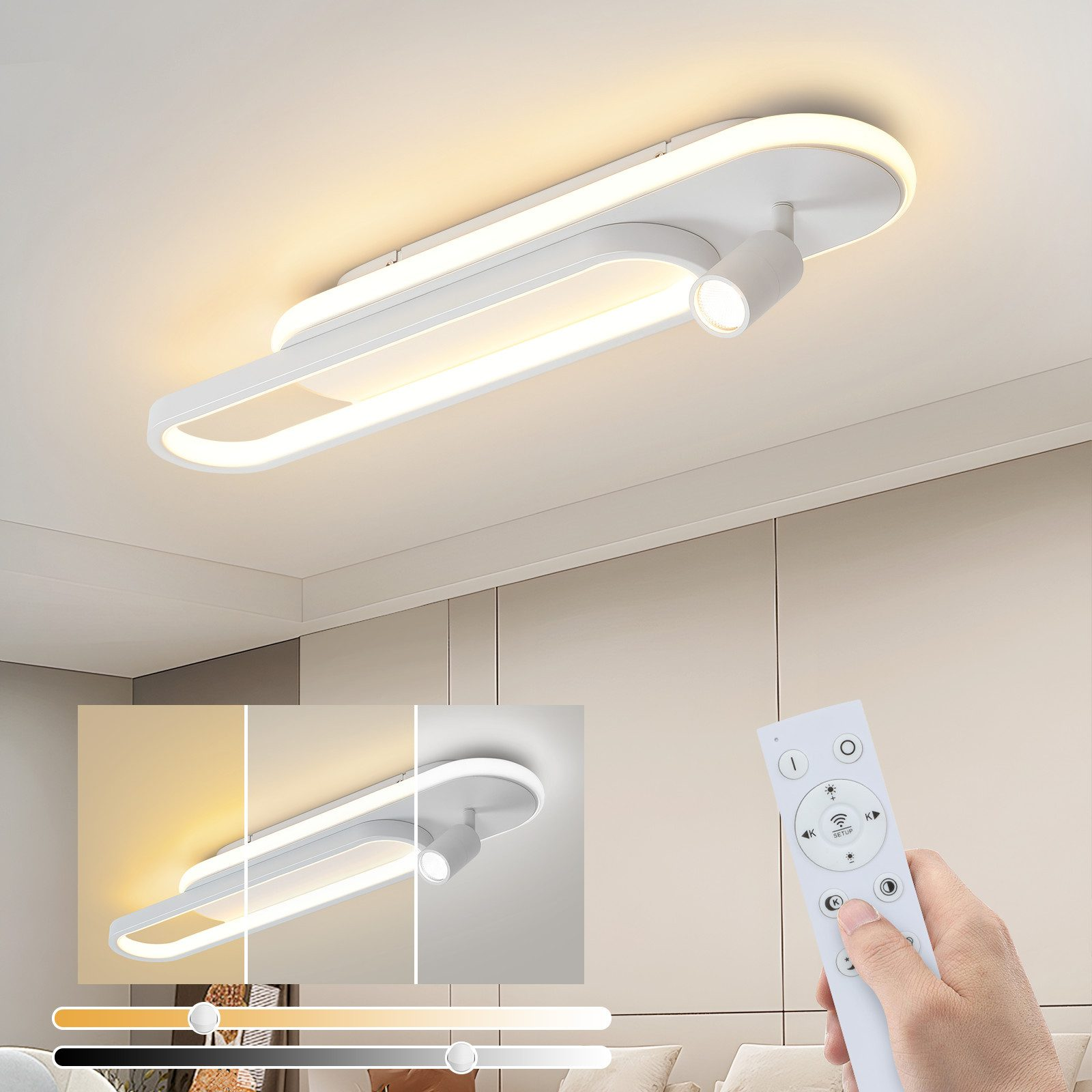 Una plafoniera bianca con un faretto e un telecomando. La luce illumina la stanza.