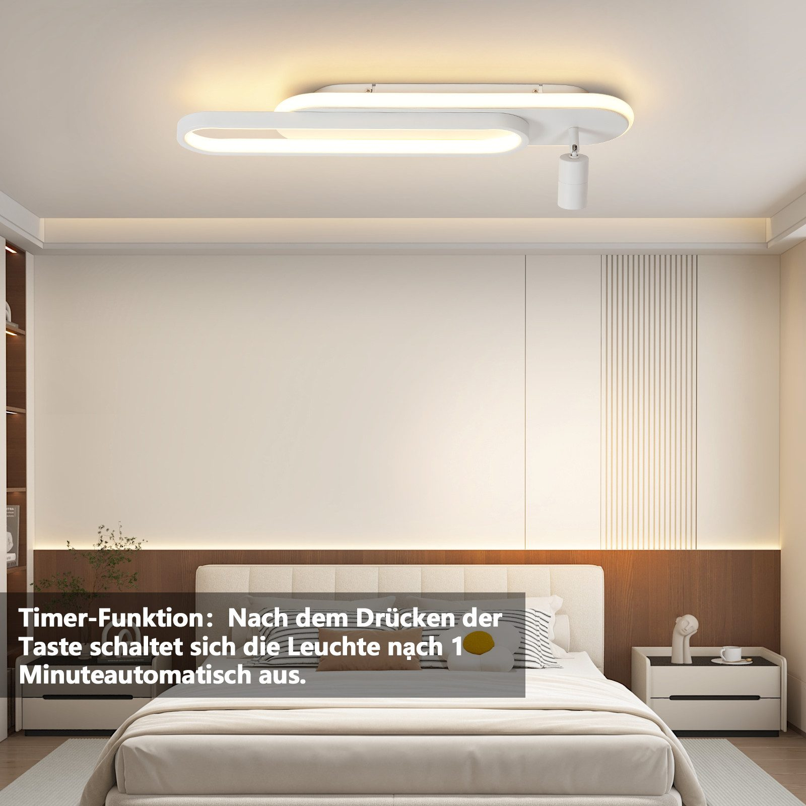 Plafoniera bianca dal design ovale. Installata in una camera da letto moderna.