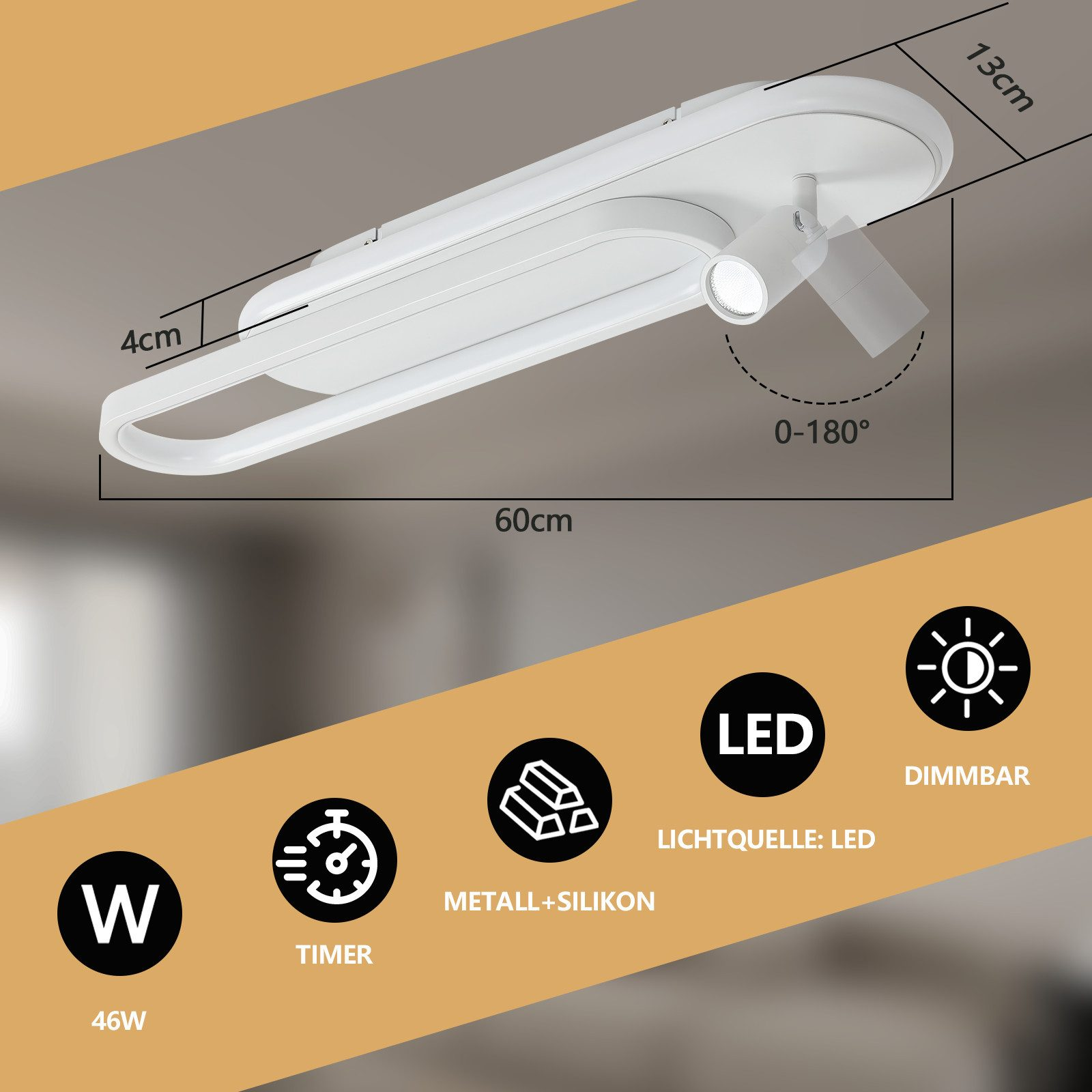 Plafoniera bianca dal design ovale e faretto orientabile. LED e dimmerabile.