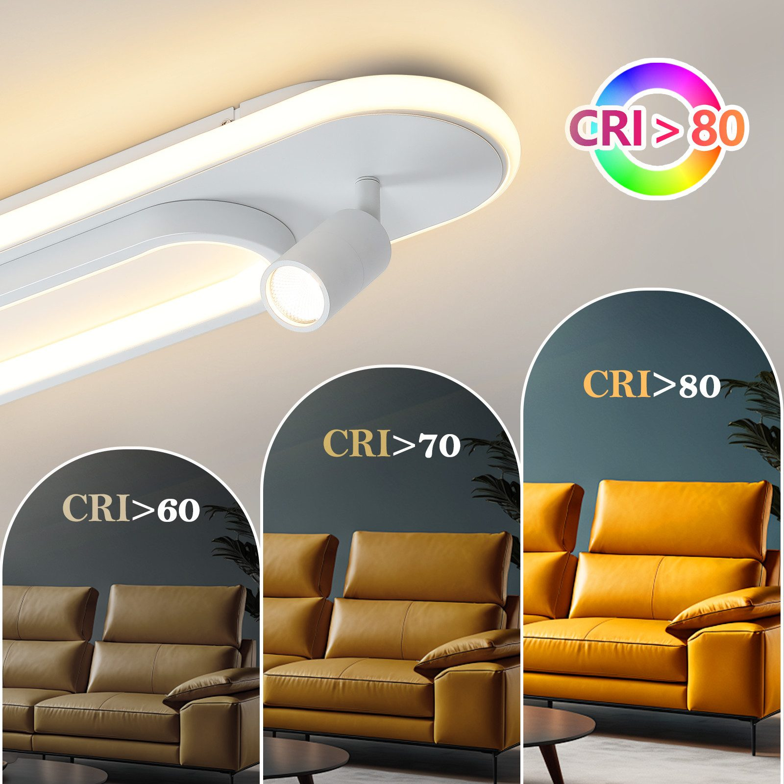 Plafoniera bianca dal design ovale. Mostra diverse qualità di luce con valori CRI.