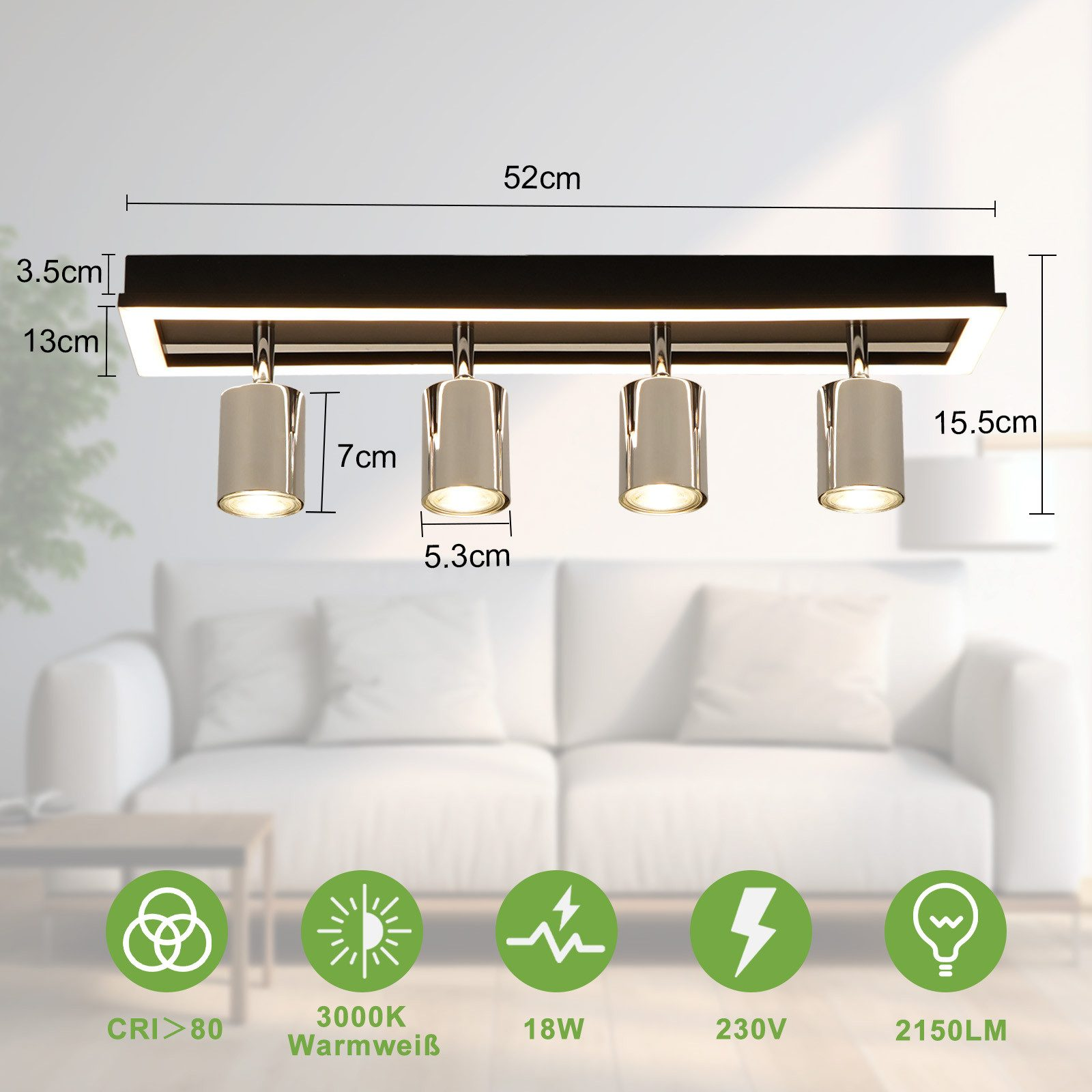 Apparecchio di illuminazione a binario con quattro faretti orientabili, dimensioni fornite.