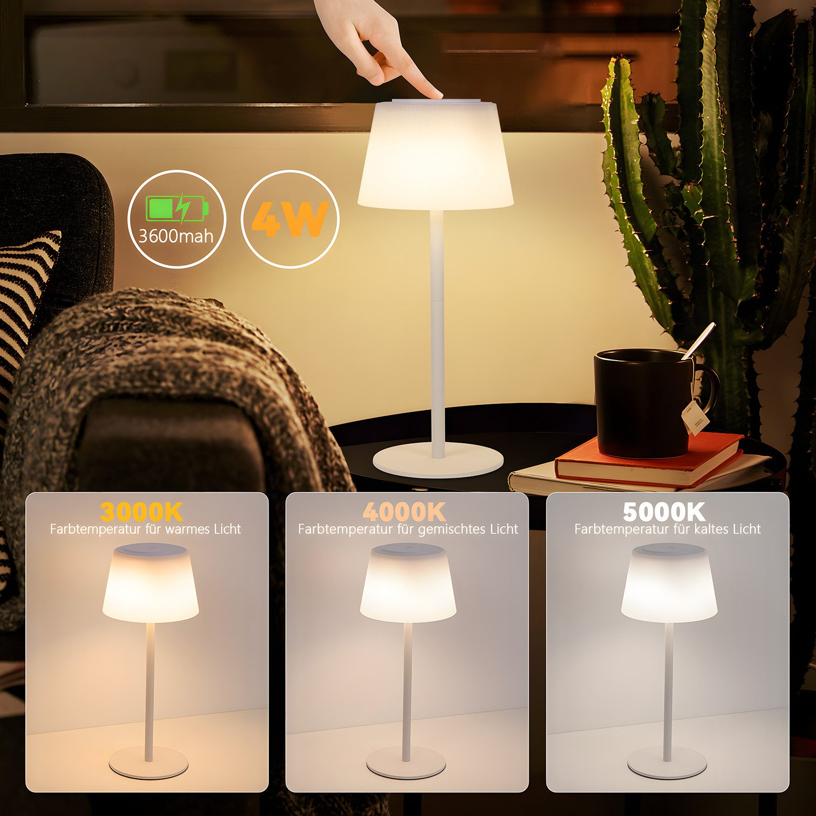 Lampa bezprzewodowa o różnych temperaturach barwowych na stole, z kaktusem i kubkiem.