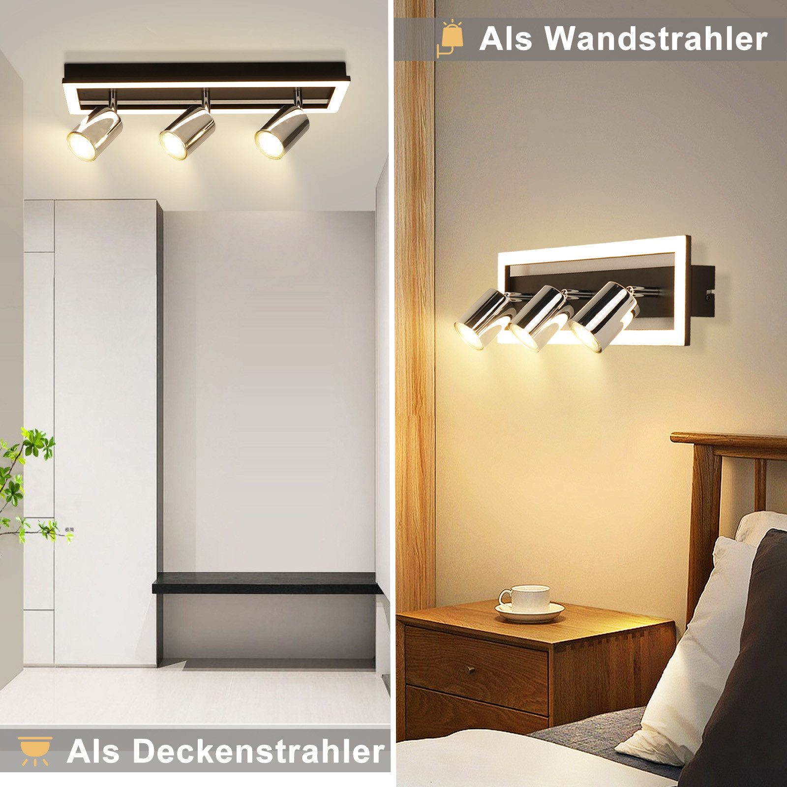 Un apparecchio di illuminazione mostrato come luce da soffitto e luce da parete, con un armadio bianco e un letto sullo sfondo.