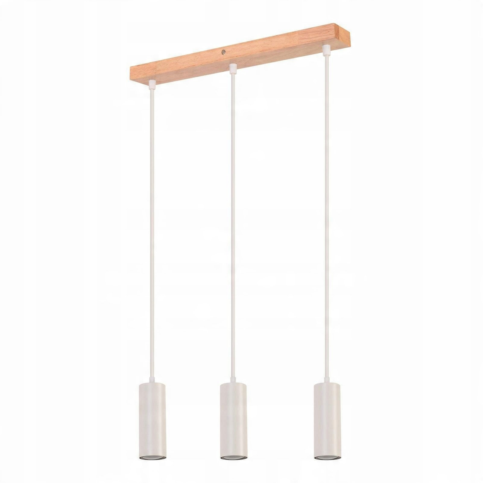 Tre lampade a sospensione cilindriche bianche appese a una trave di legno, su sfondo bianco.