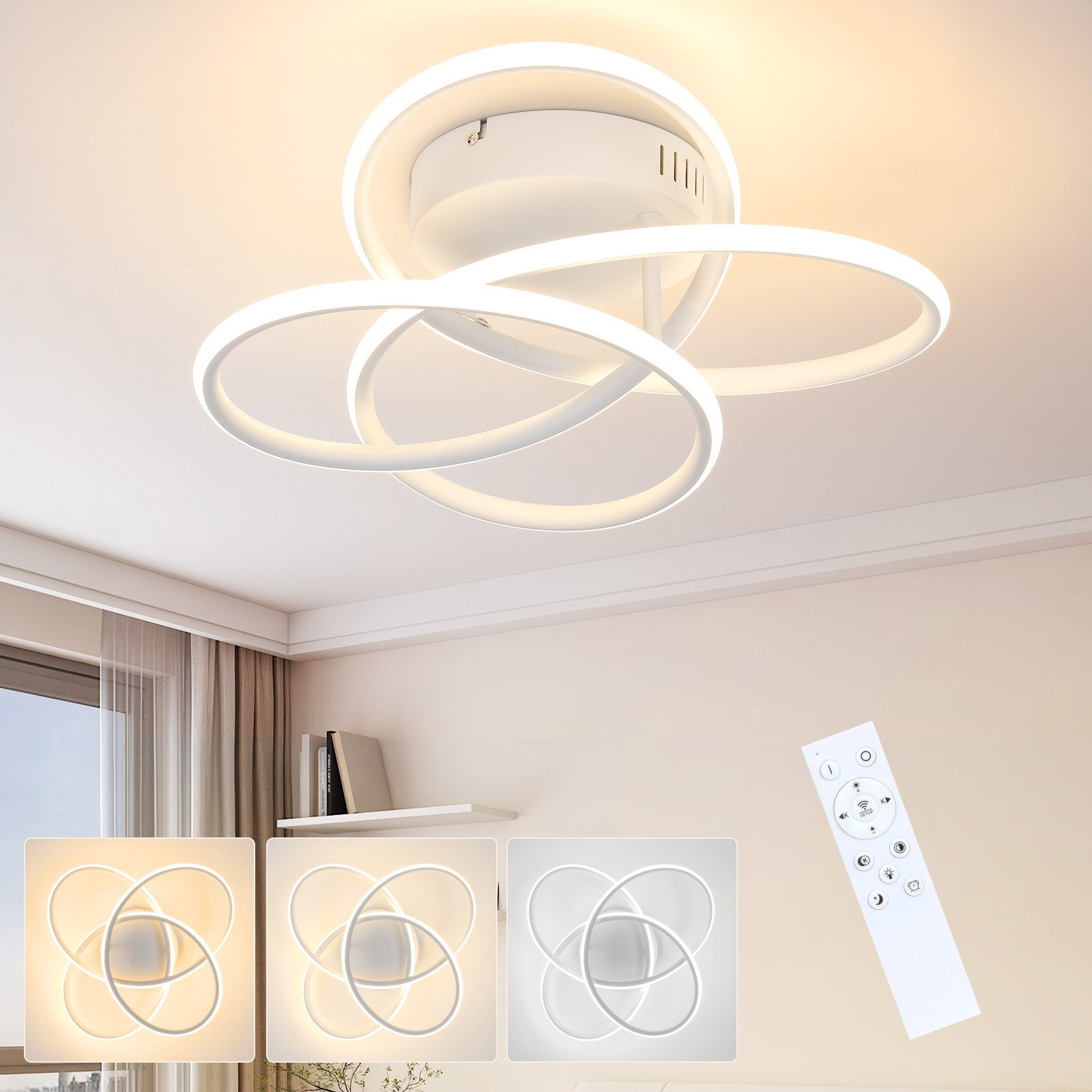 Plafoniera bianca con tre anelli luminosi intersecanti, accesa e spenta, e un telecomando su un tavolo.