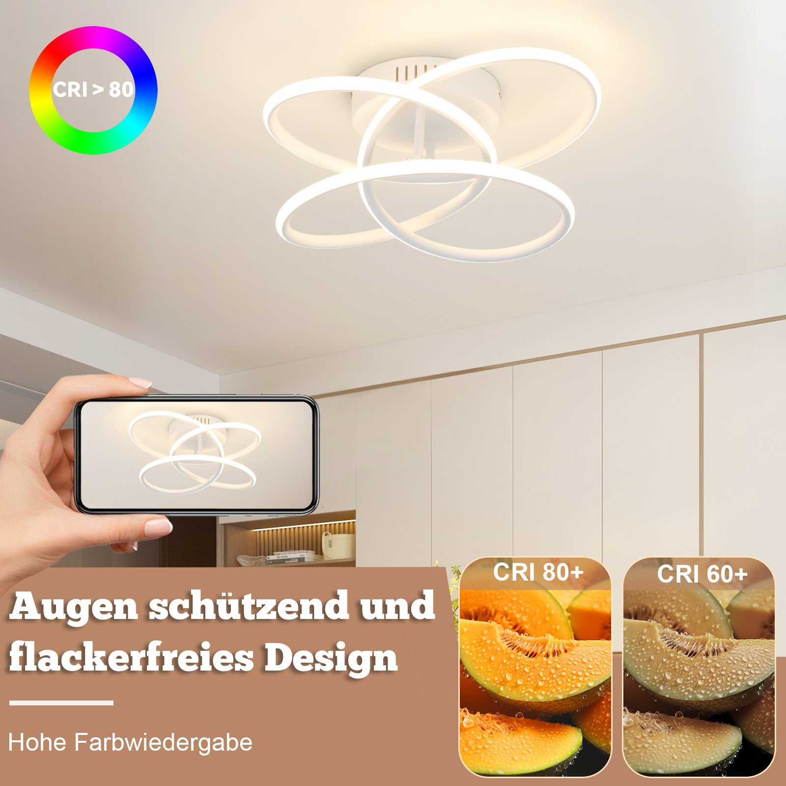 Plafoniera bianca con tre anelli luminosi intersecanti, una mano che tiene un telefono e un melone.