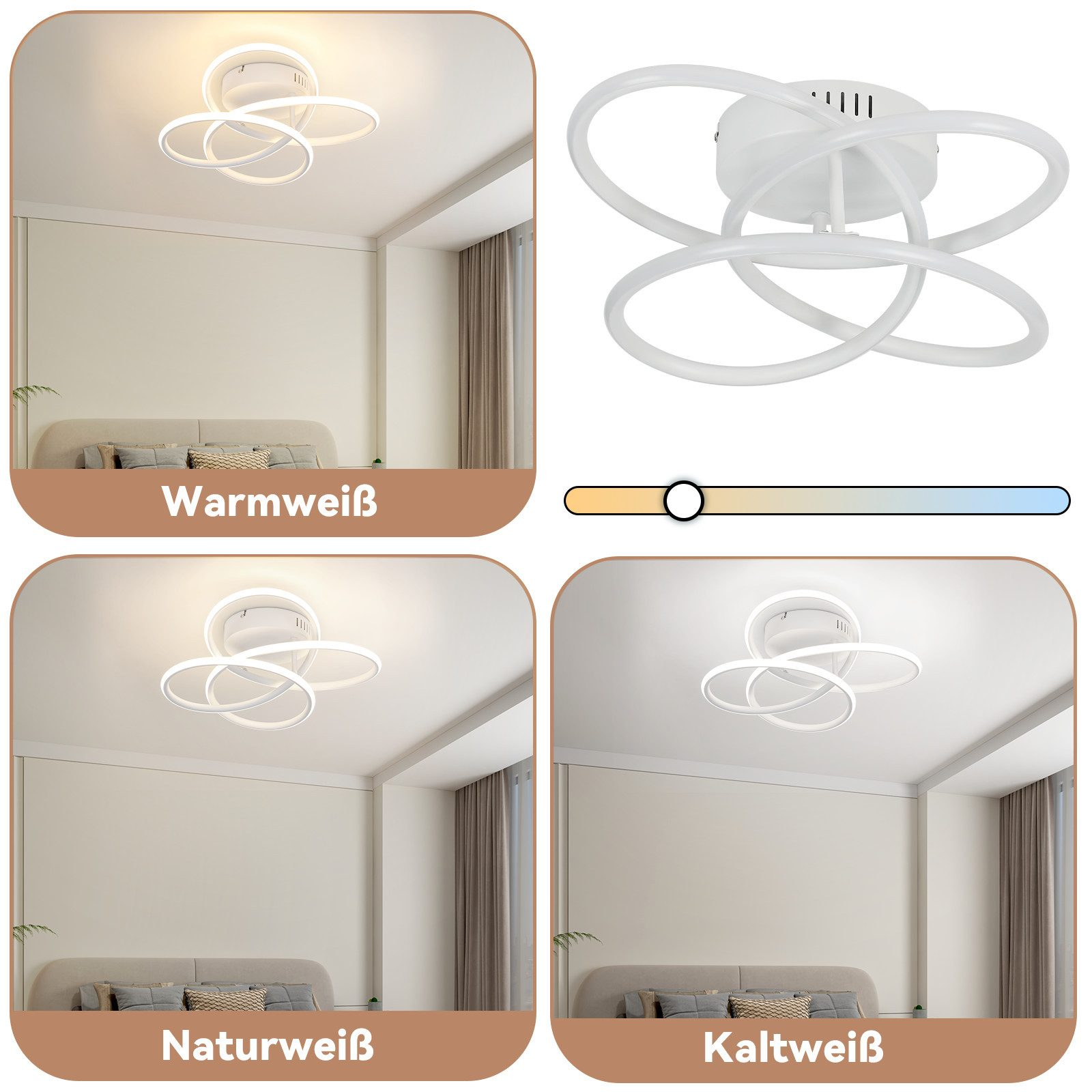 Una lampada da soffitto bianca con anelli intrecciati, mostrata in diverse temperature di colore.