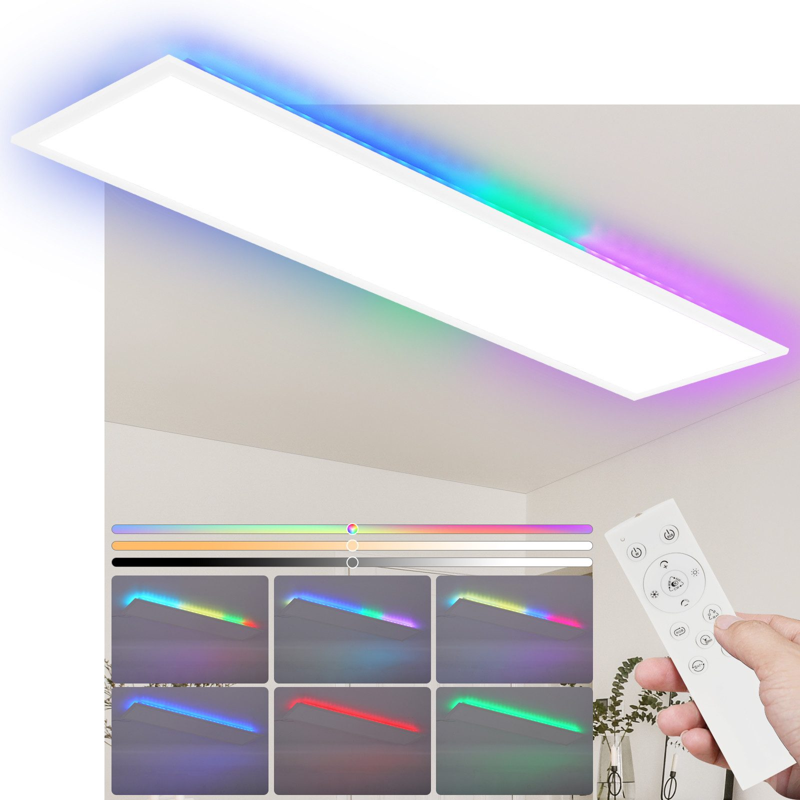 Una plafoniera rettangolare con LED che cambiano colore, un telecomando e opzioni di colore su sfondo bianco.
