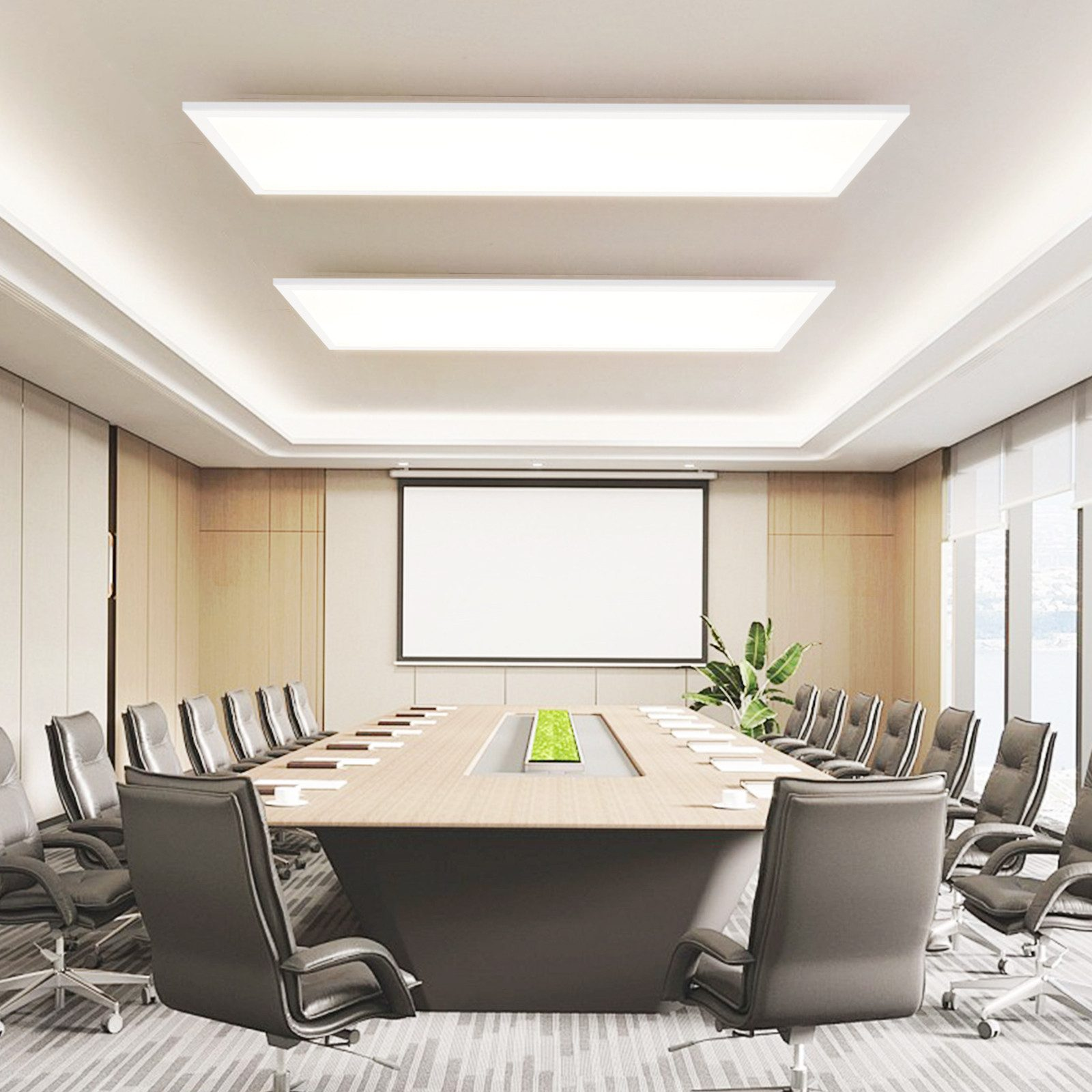 Sala conferenze con lungo tavolo, sedie, schermo di proiezione e due luci a soffitto rettangolari.