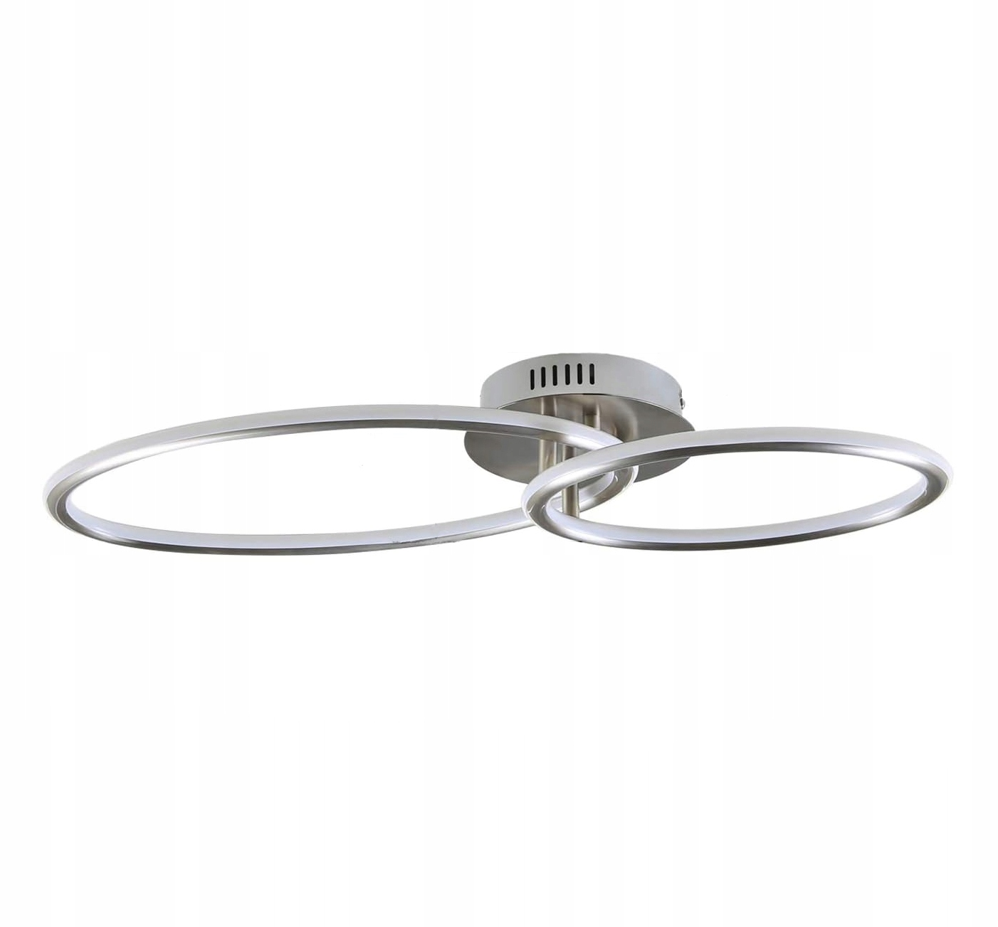Un moderno lampadario a soffitto con due pannelli luminosi ovali intersecati.