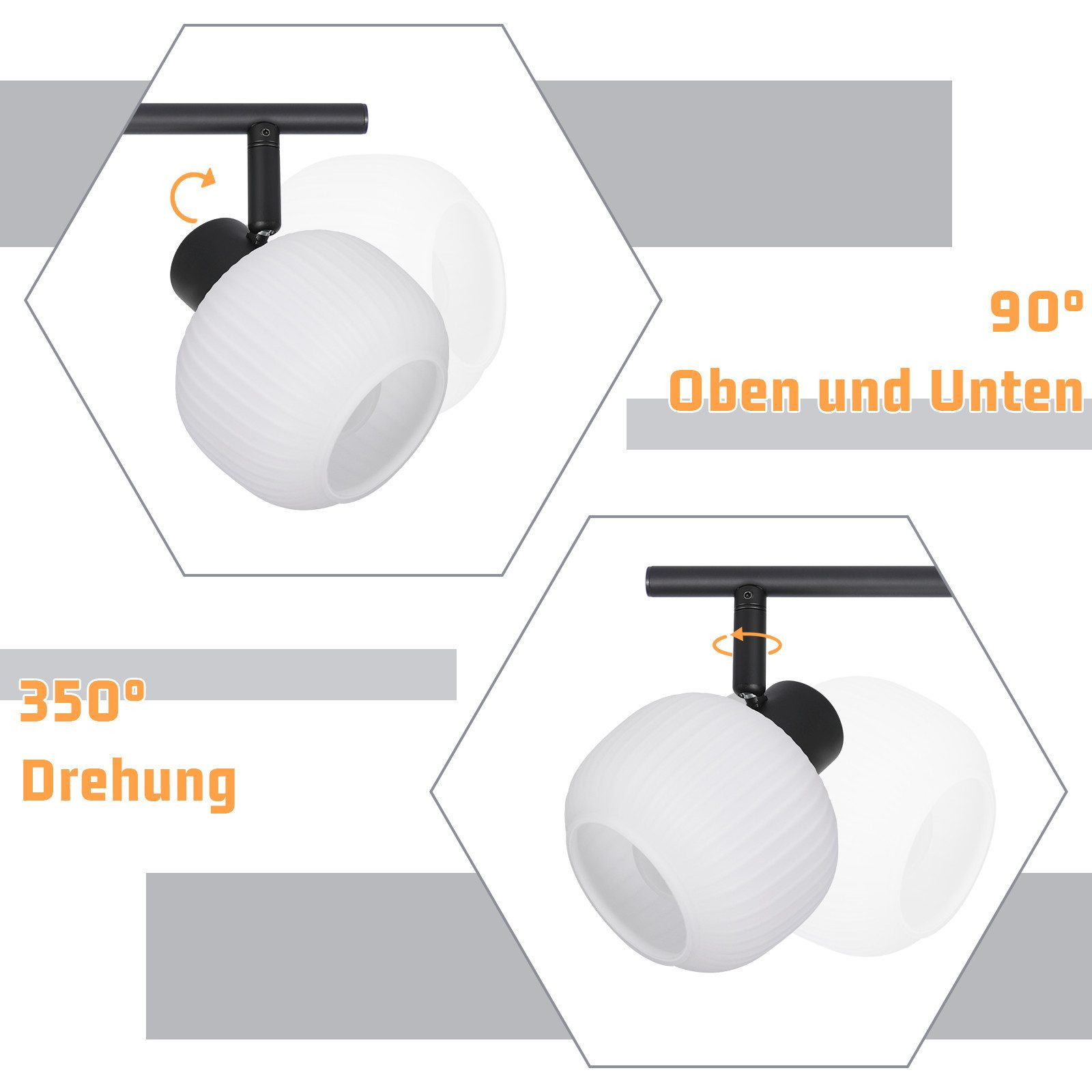Schema di un apparecchio di illuminazione con teste girevoli e inclinabili. Testo in tedesco spiega l'intervallo di movimento.