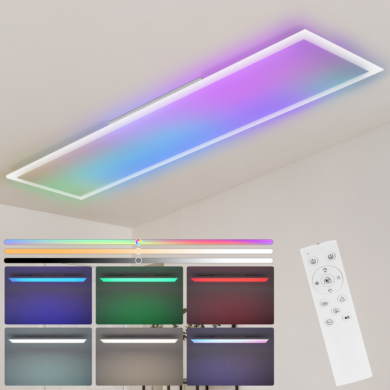 Pannello LED rettangolare con più opzioni di colore e telecomando. Vari campioni di colore sono visualizzati in basso.