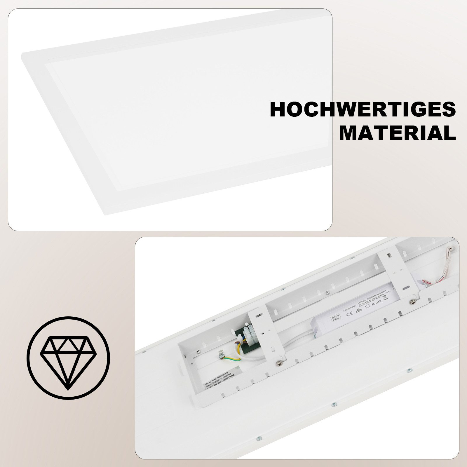 Primo piano di un pannello LED bianco, che mostra il suo materiale di alta qualità e i componenti interni.