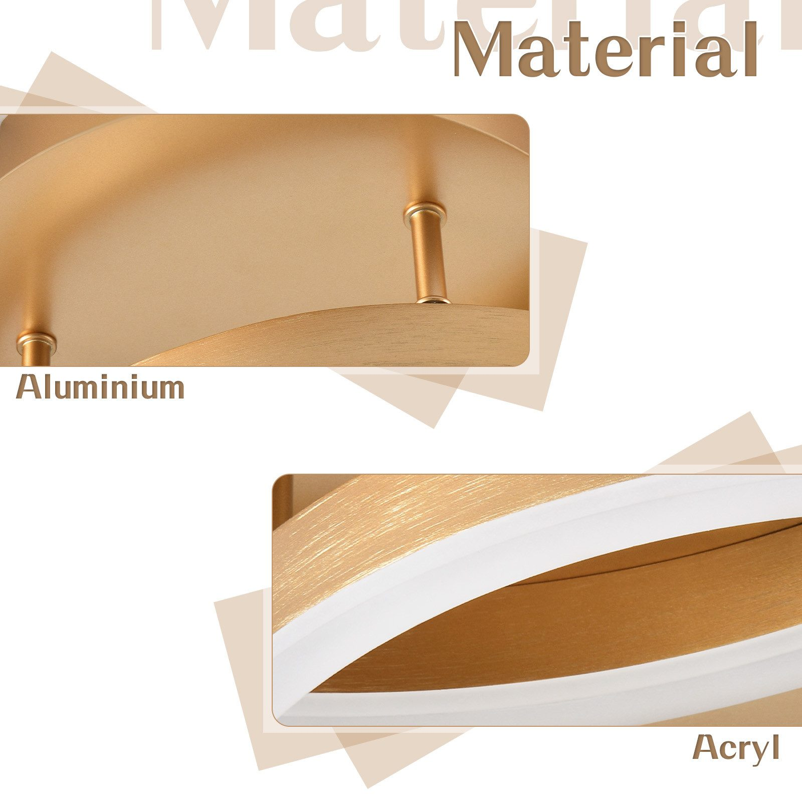 Zbliżenie złotej lampy sufitowej pokazującej szczegóły materiału: aluminium i akryl.