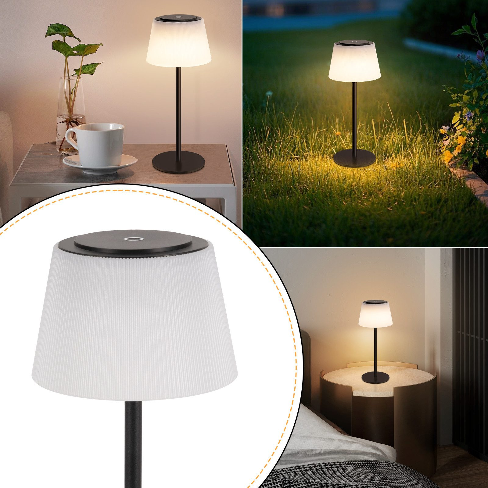 Trzy zdjęcia lampy: na stole obok filiżanki, w ogrodzie i zbliżenie na lampę.