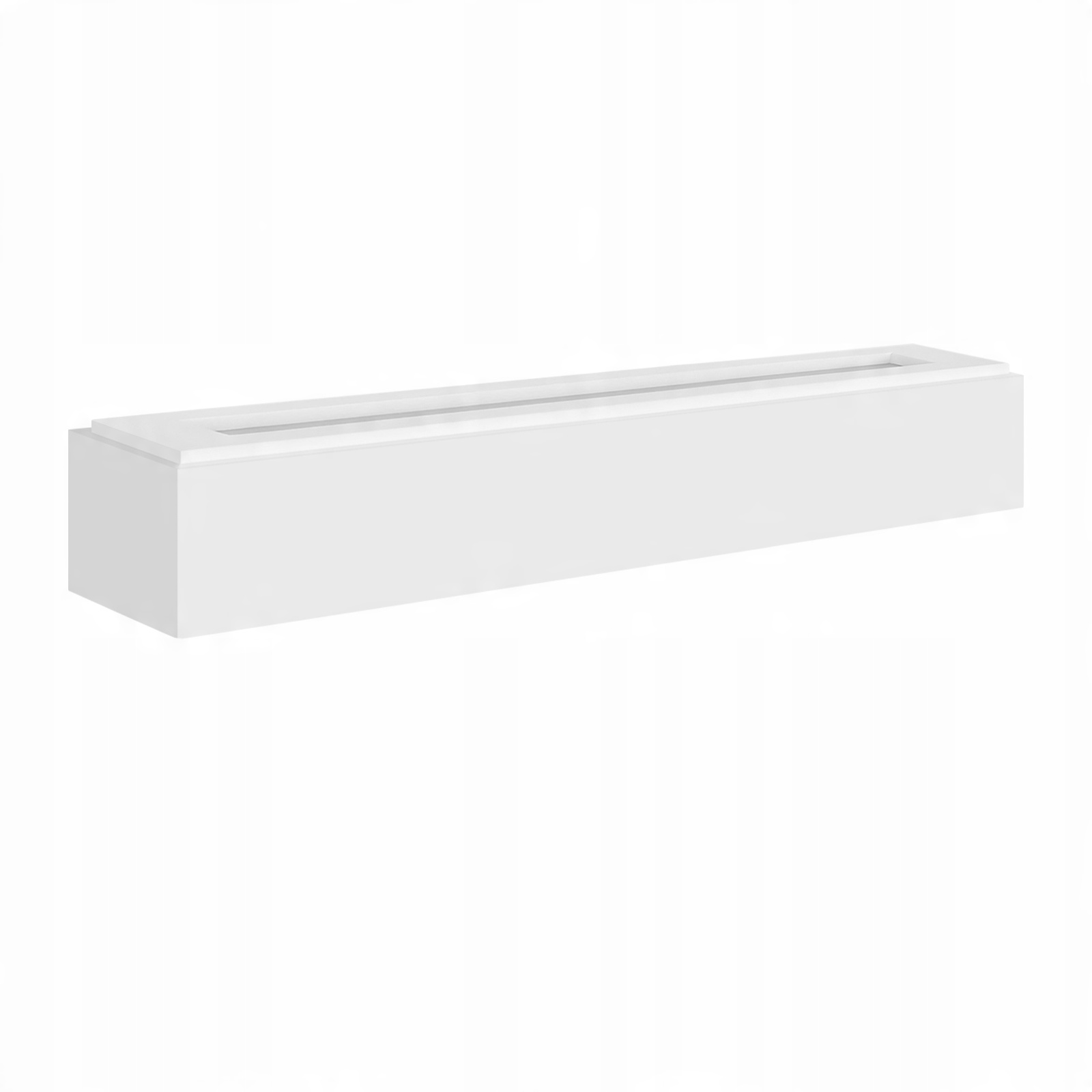 Un lungo apparecchio di illuminazione rettangolare bianco che emette luce, su sfondo bianco. Design semplice.