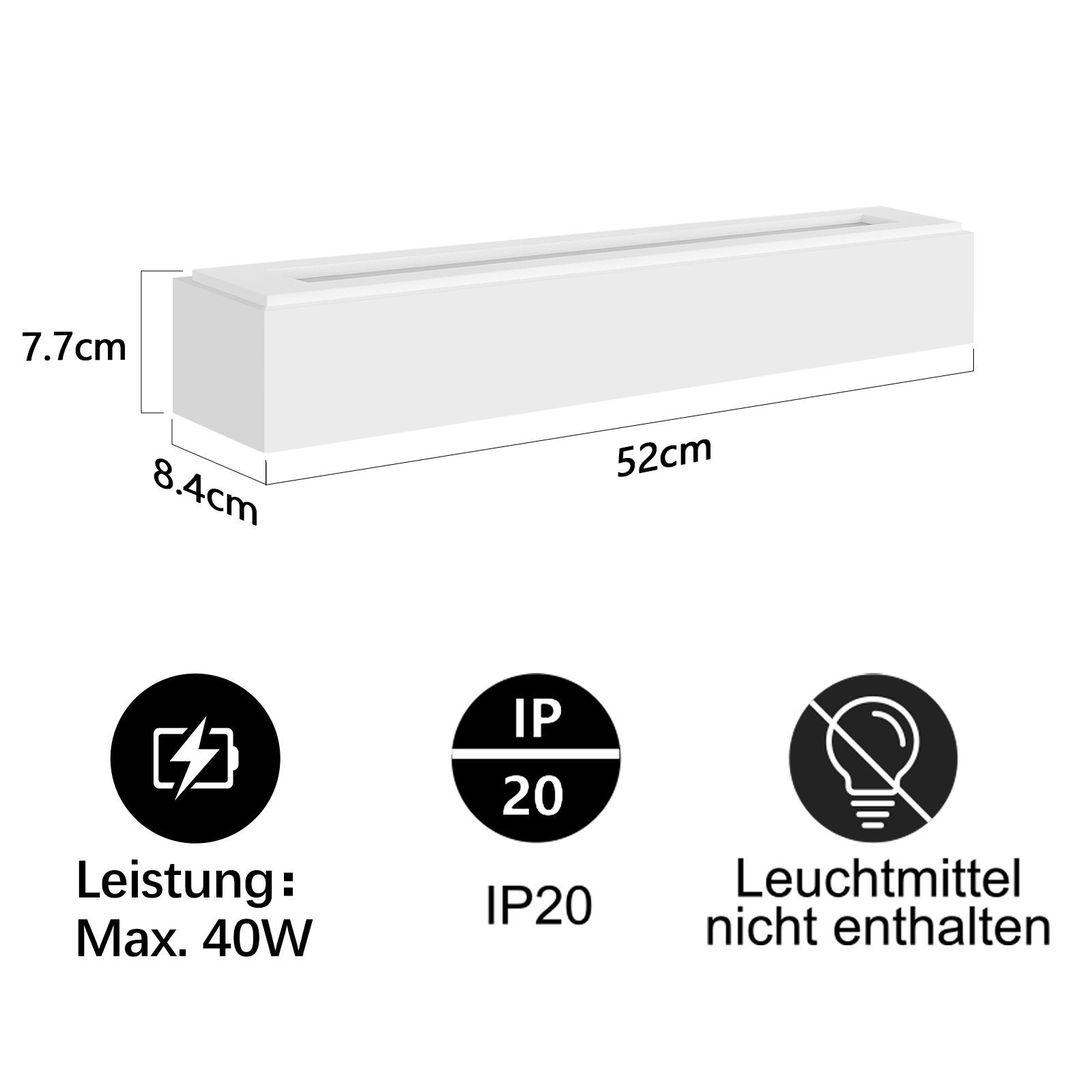 Diagramma di un apparecchio di illuminazione rettangolare bianco, con dimensioni e dettagli sulla potenza e IP.