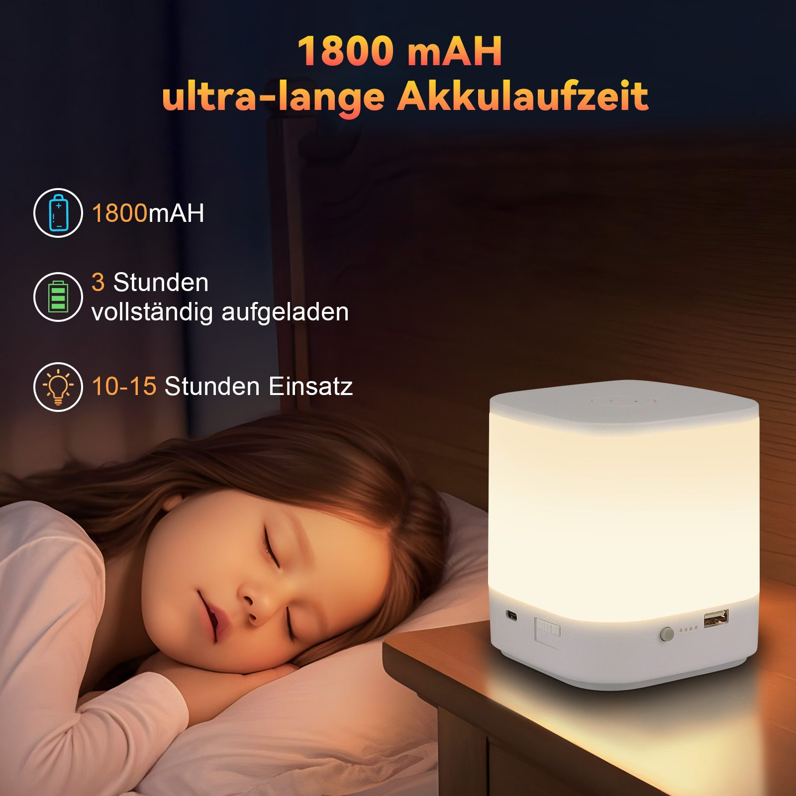 Dziecko śpi obok zapalonej lampki nocnej, z tekstem podkreślającym żywotność baterii.