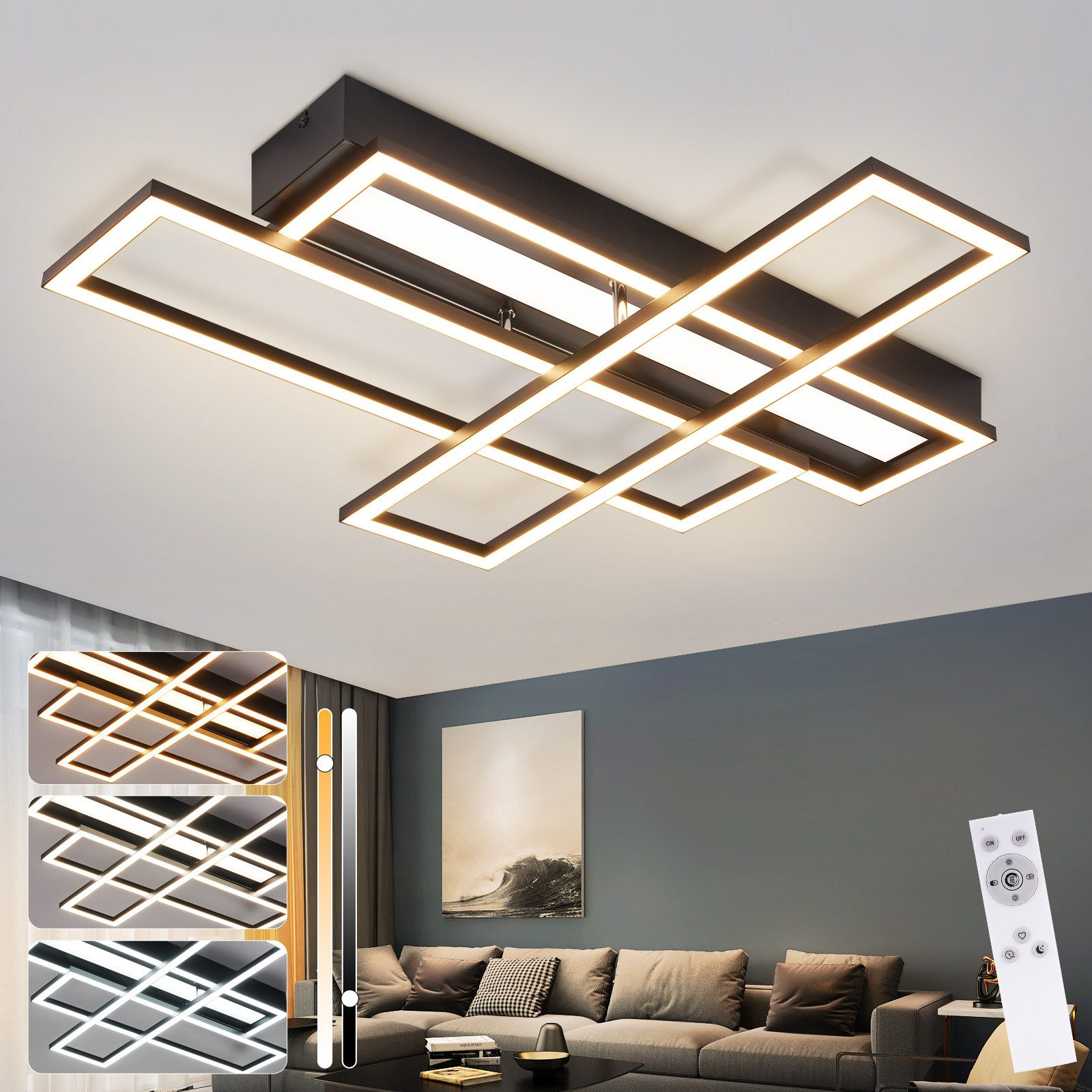 Un lampadario nero con un design rettangolare ed esempi di diverse impostazioni di luce e un telecomando.