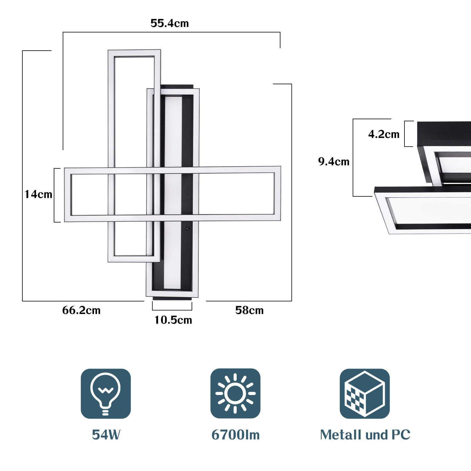 Una moderna lampada da parete a LED geometrica con dimensioni e specifiche visualizzate.