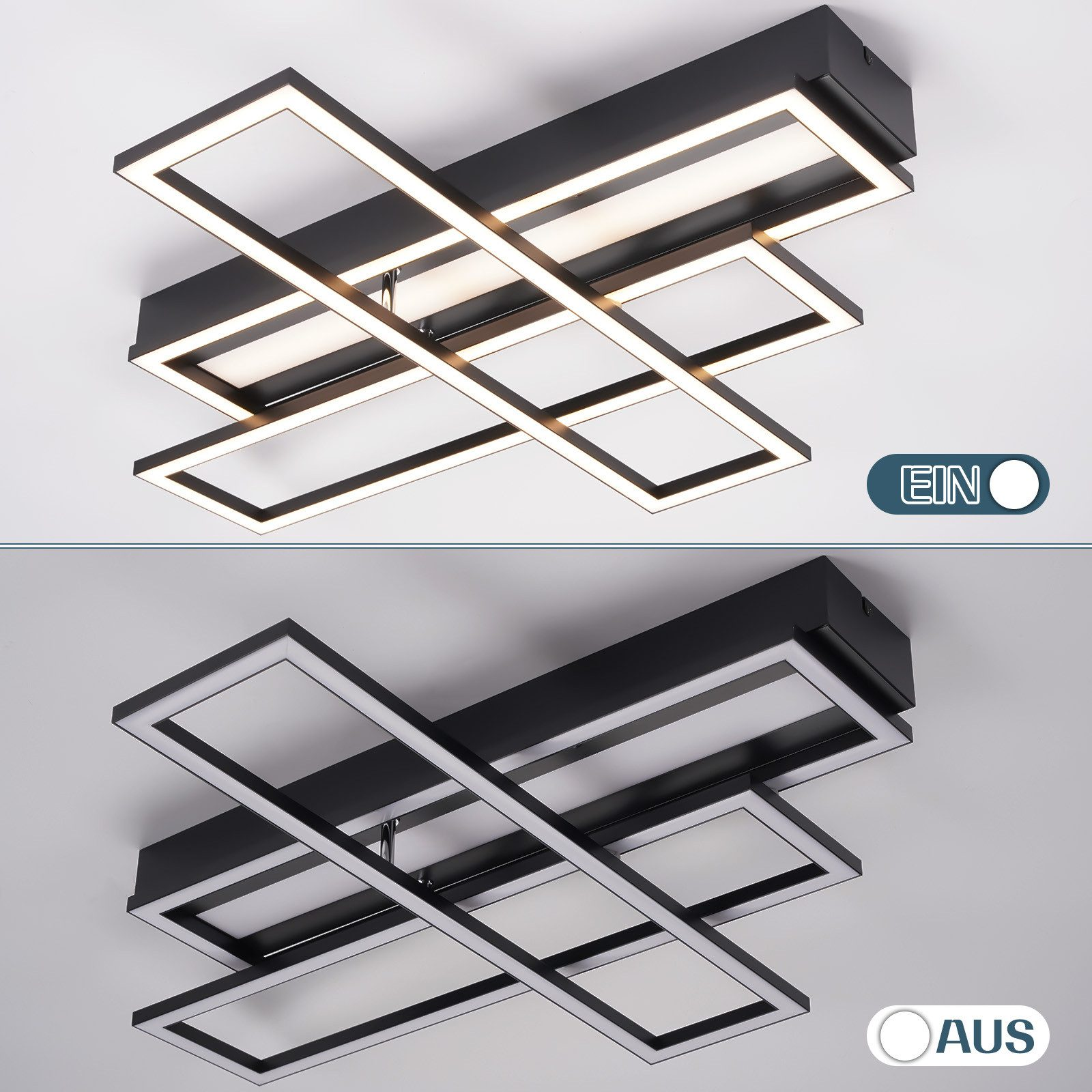 L'immagine mostra una lampada da soffitto geometrica accesa e spenta, su uno sfondo bianco.