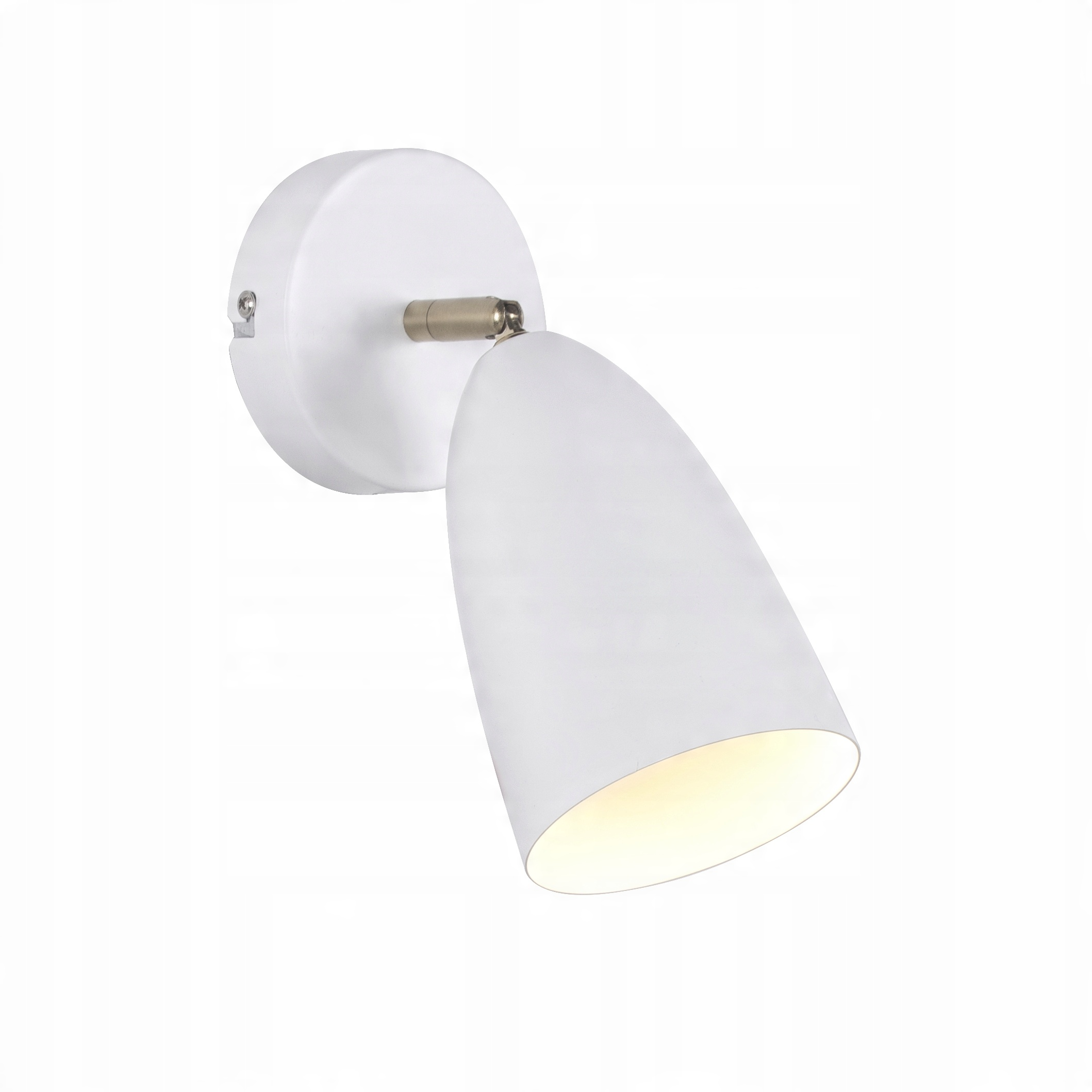 Un faretto bianco con base rotonda e testa regolabile, che emette una luce calda.