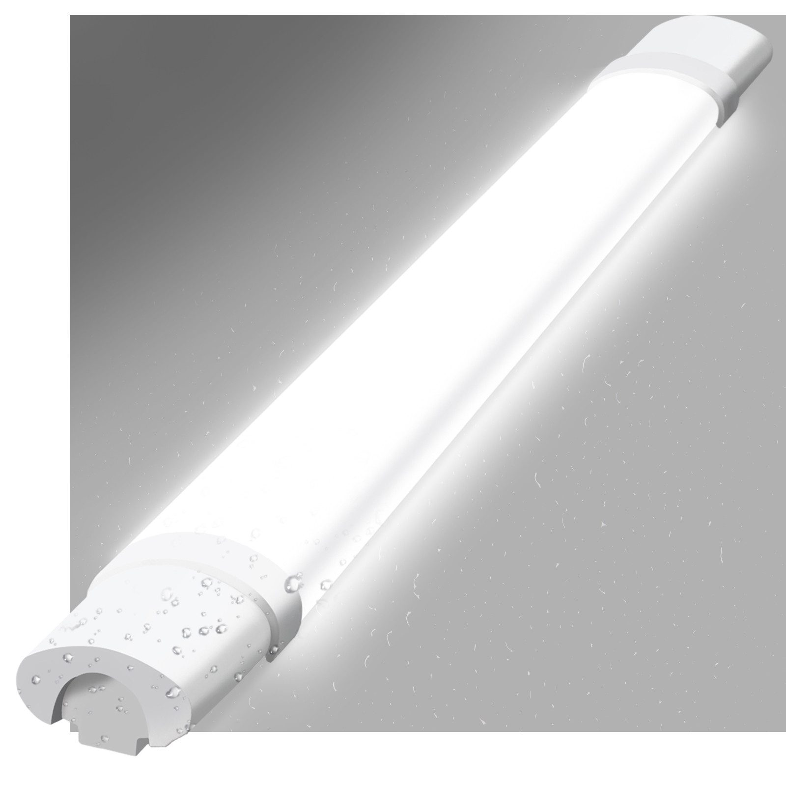 Un tubo luminoso a LED bianco con gocce d'acqua su uno sfondo grigio.