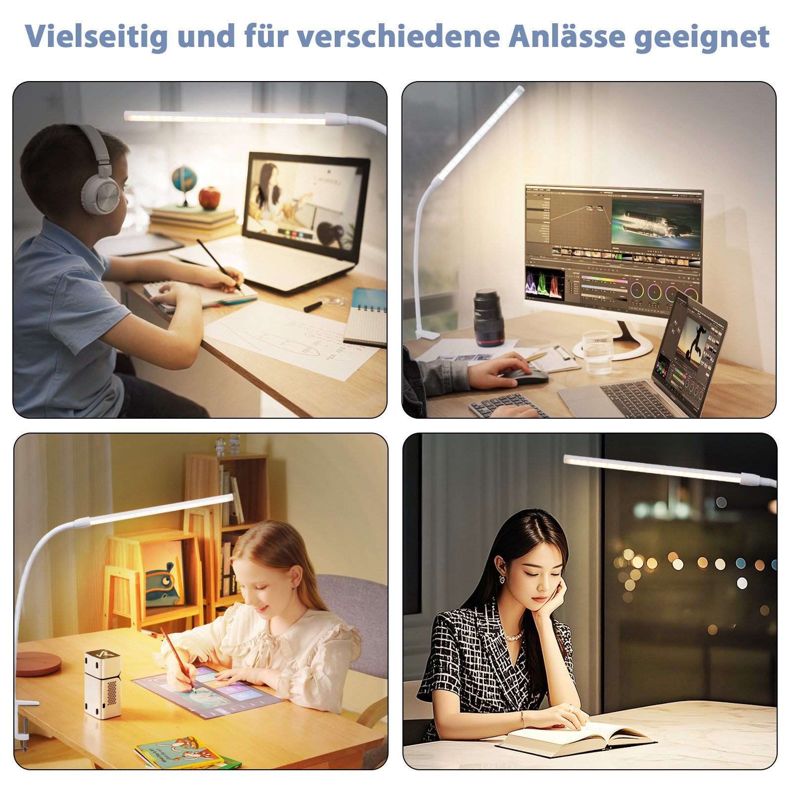 Cztery obrazy pokazujące lampę biurkową w użyciu: chłopiec uczący się, osoba edytująca wideo, dziewczyna rysująca i kobieta czytająca.