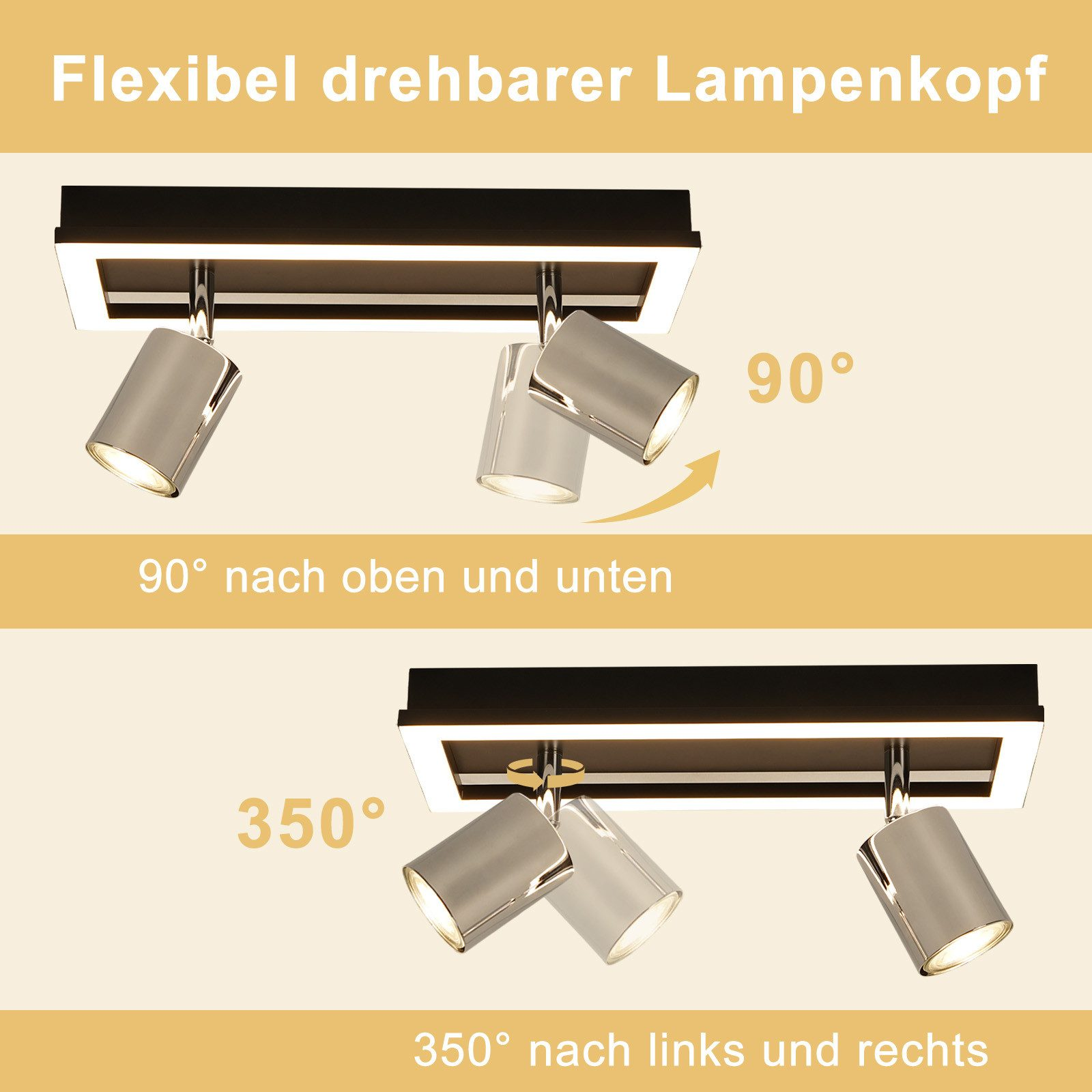 Diagrammi che mostrano la flessibilità dei faretti di un'apparecchio per illuminazione a soffitto, ruotando di 90 e 350 gradi.