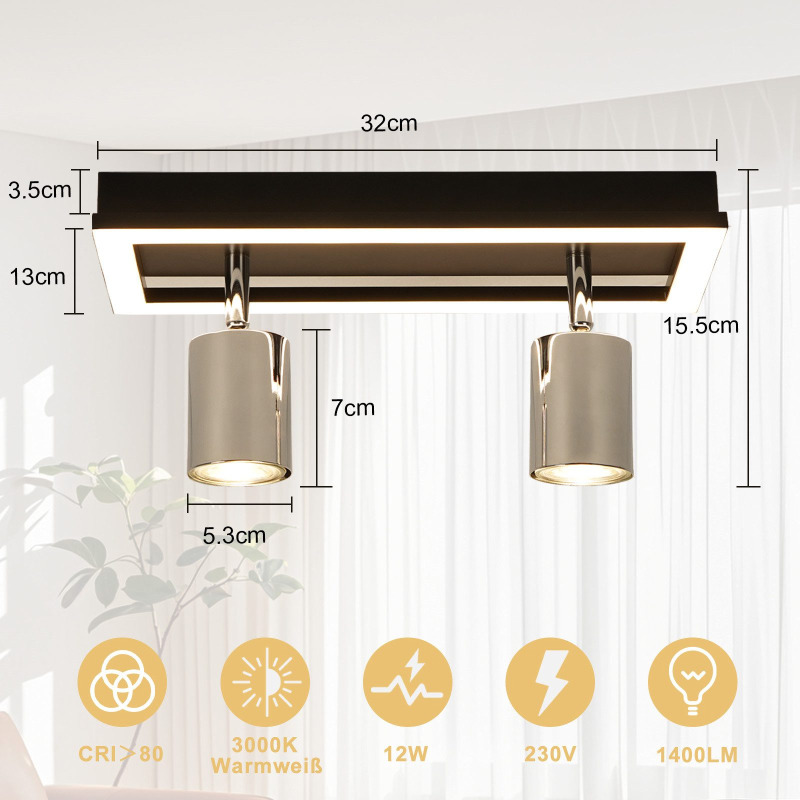 Un apparecchio per illuminazione a soffitto con misure etichettate. Ha due faretti e una base rettangolare.