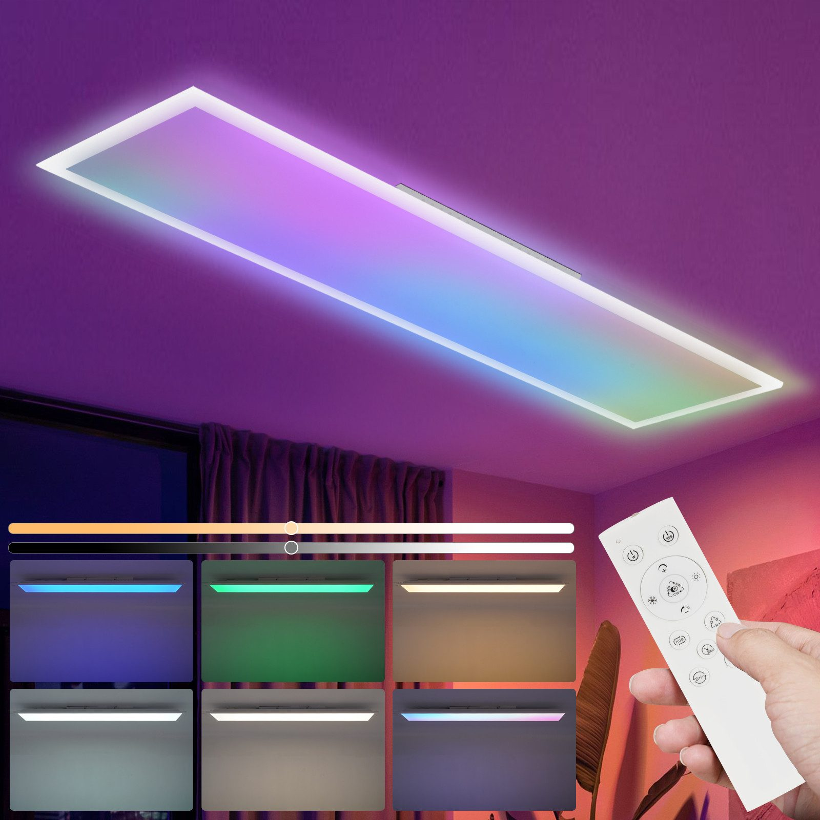 Una plafoniera rettangolare a LED con opzioni di colore controllate da un telecomando in mano.