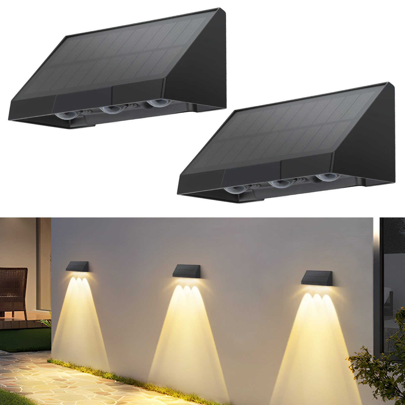 Le luci solari esterne illuminano un sentiero di pietra accanto a un muro, mostrando il loro design e posizionamento.