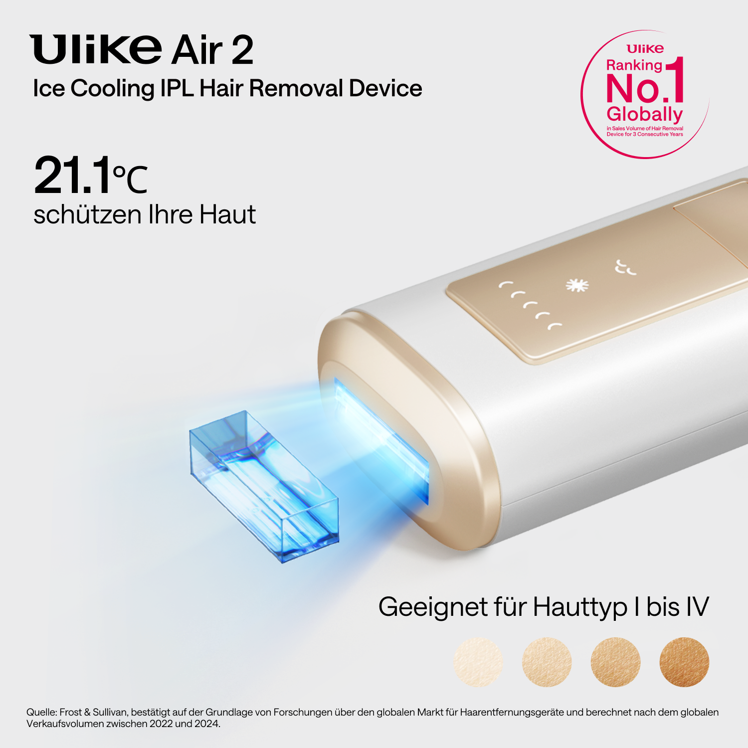 Ein Ulike Air 2 Ice Cooling IPL-Haarentfernungsgerät wird mit einem blauen Licht angezeigt.