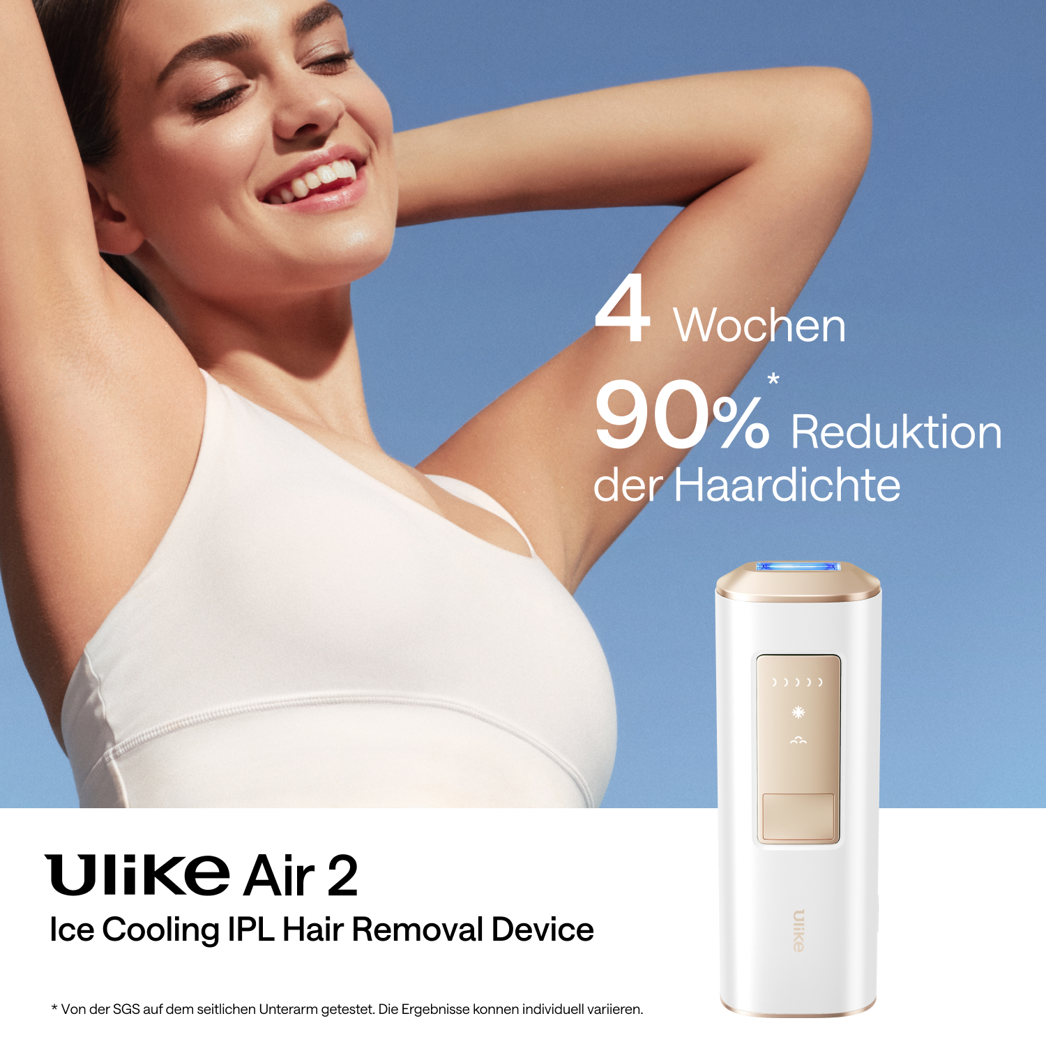 Eine Frau mit einem Ulike Air 2 Ice Cooling IPL-Haarentfernungsgerät, mit überlagertem Text.