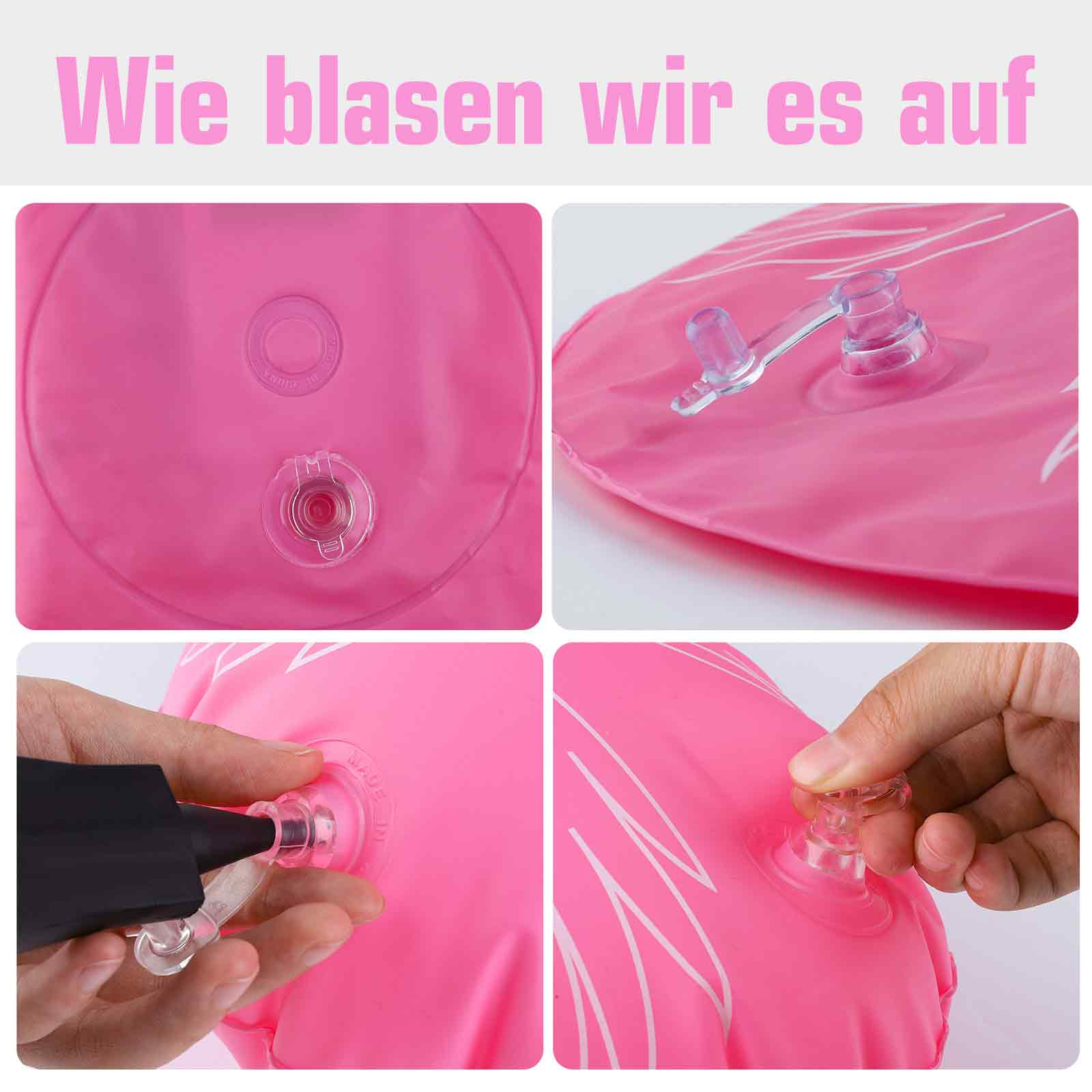Eine rosa aufblasbare mit Ventilen, die in vier Nahaufnahmen gezeigt werden.