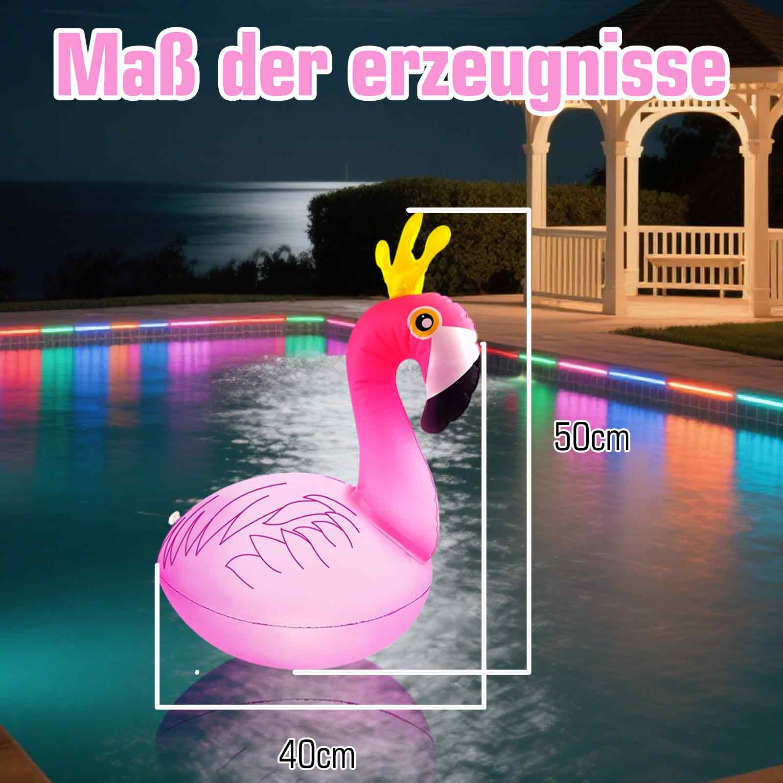 Aufblasbarer Flamingo-Pool-Float mit Abmessungen in einem Pool bei Nacht.