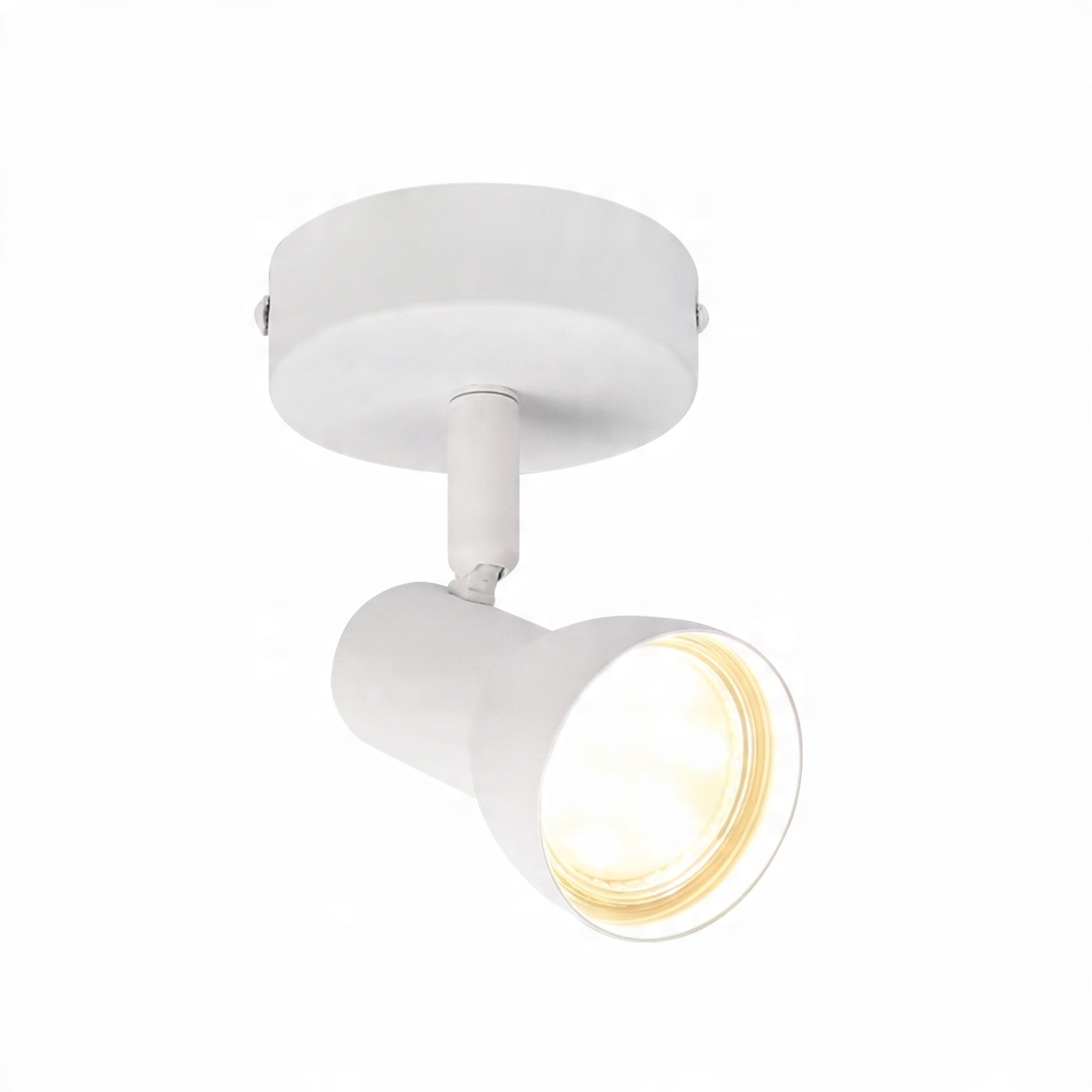Un faretto da soffitto bianco con testa cilindrica su sfondo bianco.