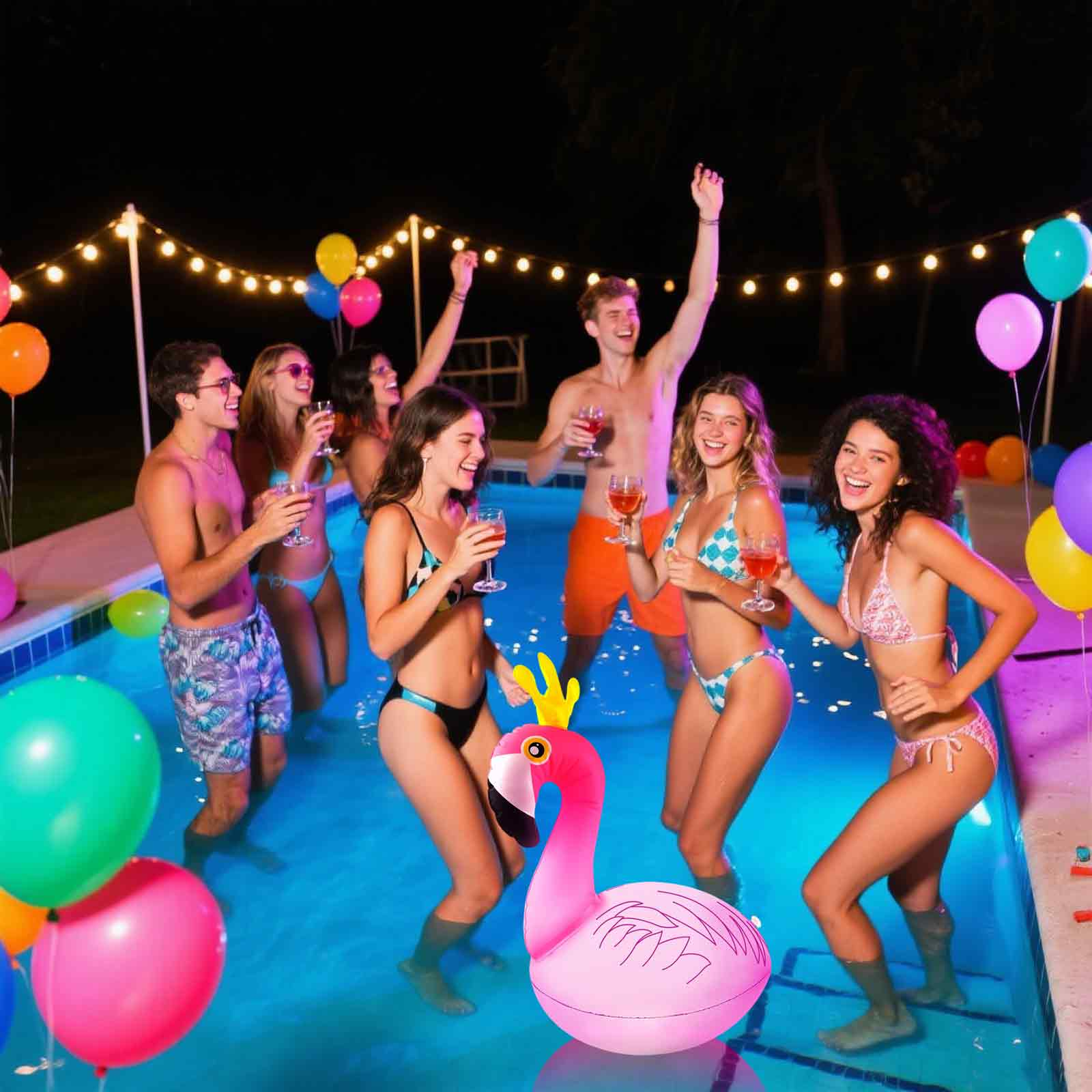 Menschen in einem Pool bei Nacht mit einem Flamingo-Float und Partyballons.