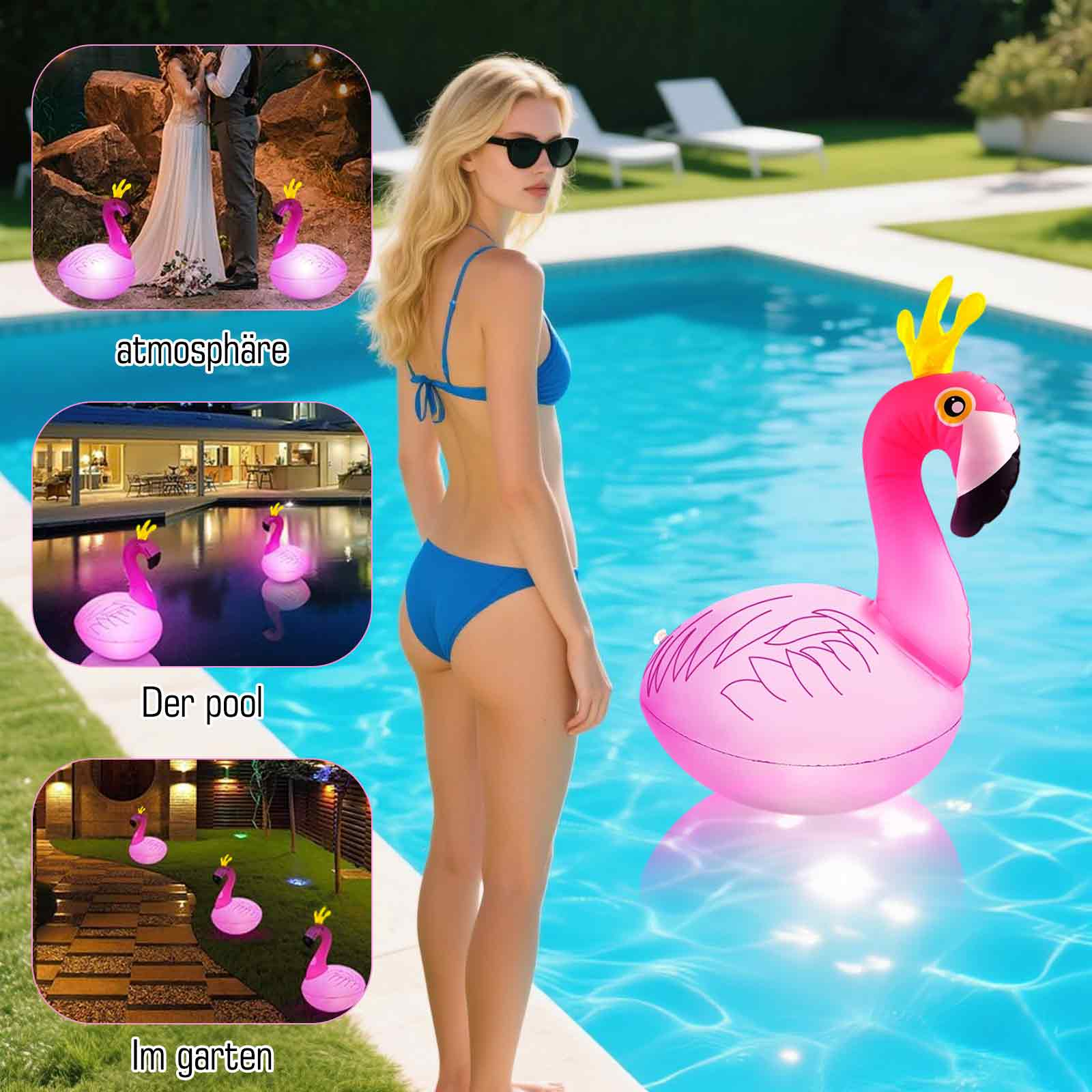 Collage einer Frau in einem blauen Bikini neben einem aufblasbaren Flamingo in einem Pool.