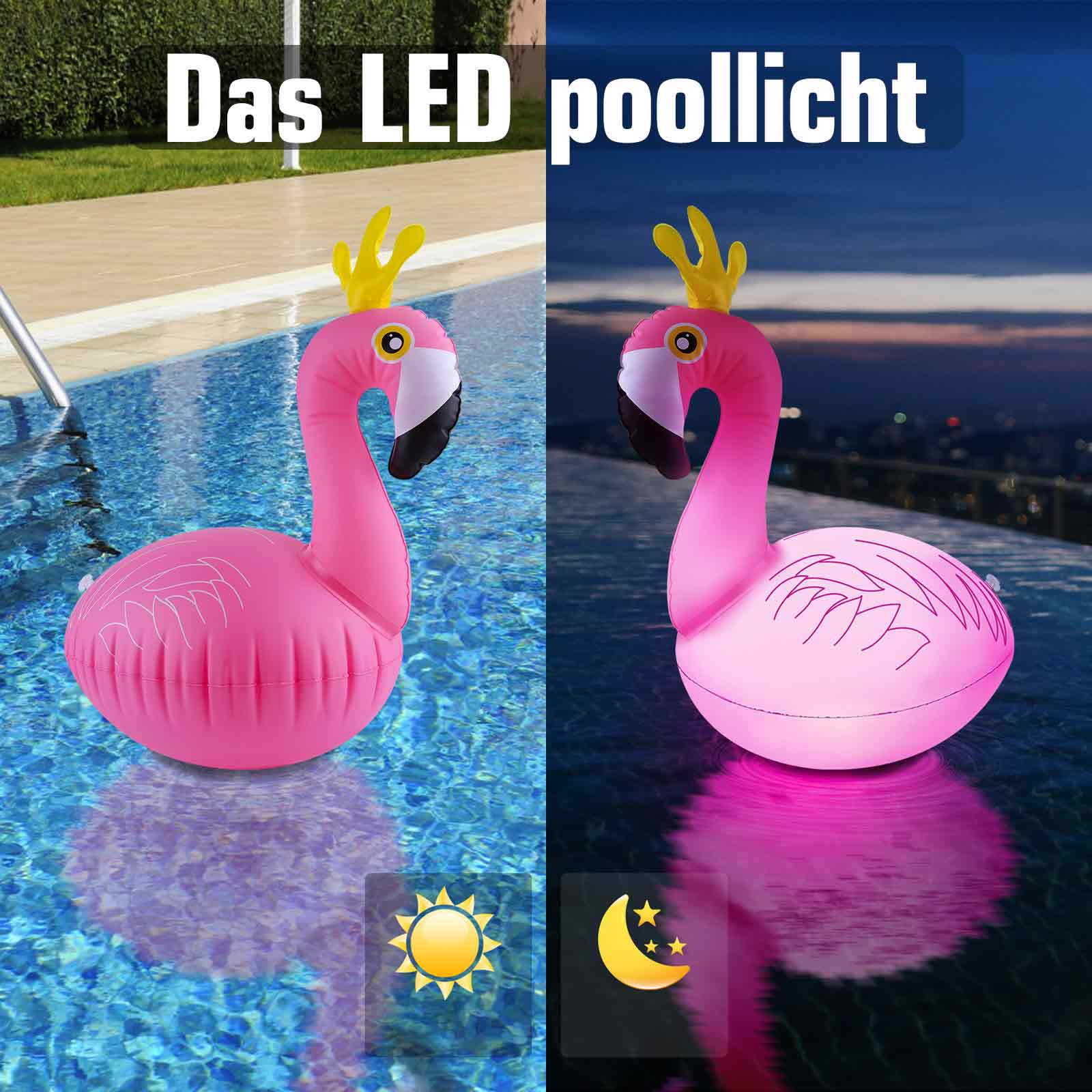 Ein aufblasbarer rosa Flamingo in einem Pool, tagsüber gezeigt und nachts beleuchtet.