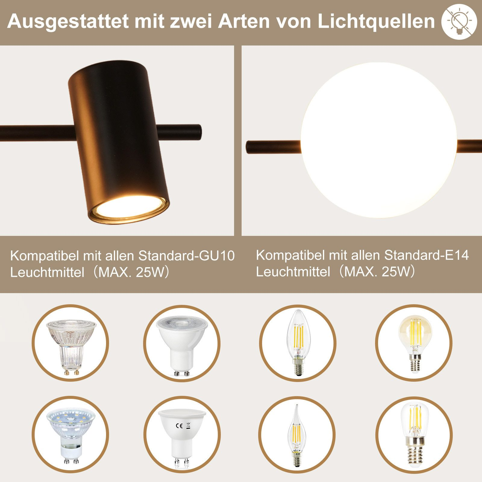 Una lampada da binario nera con faretto e globo, con diverse opzioni di lampadine sotto.