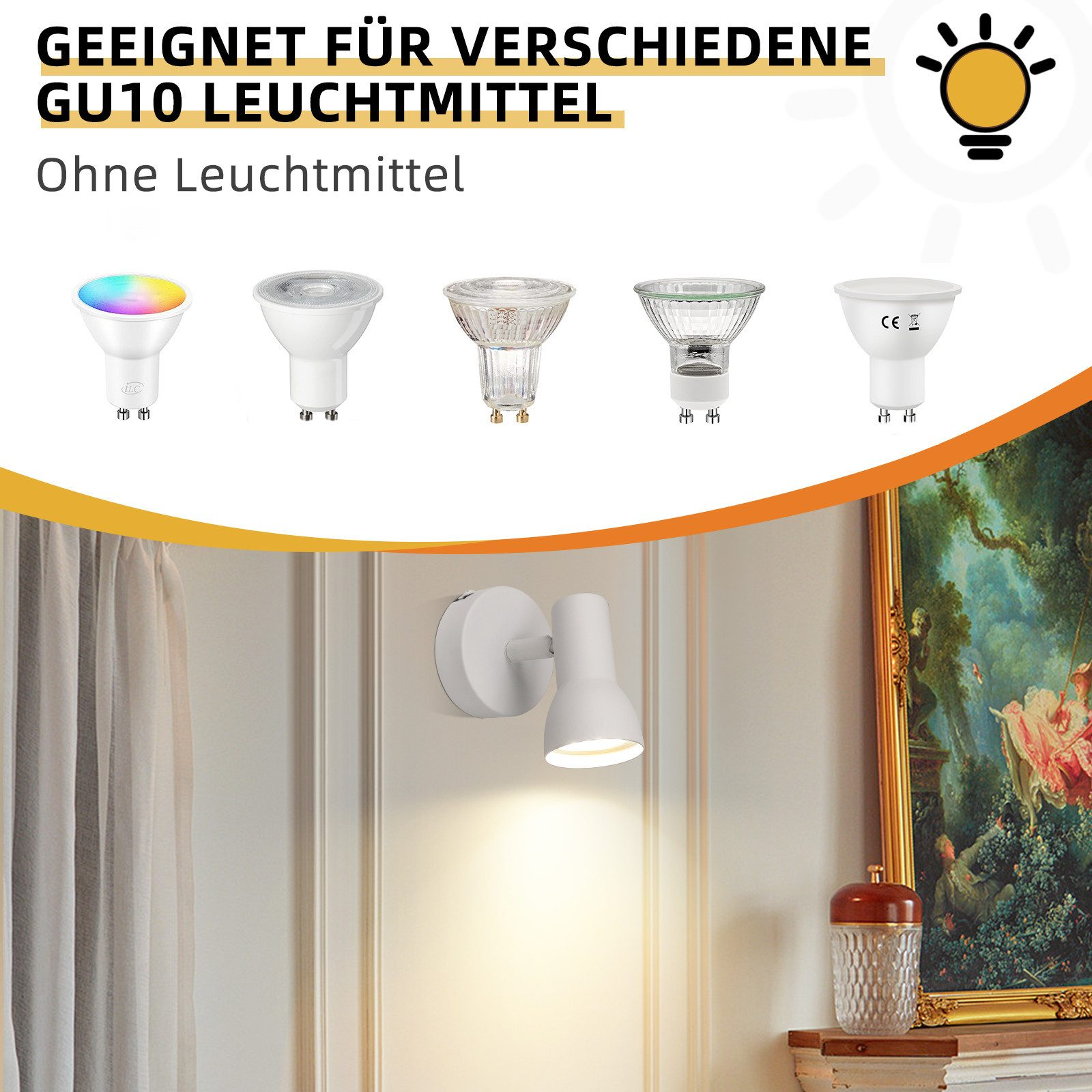 Un faretto bianco montato su una parete, con opzioni di lampadine e un'immagine incorniciata nelle vicinanze.