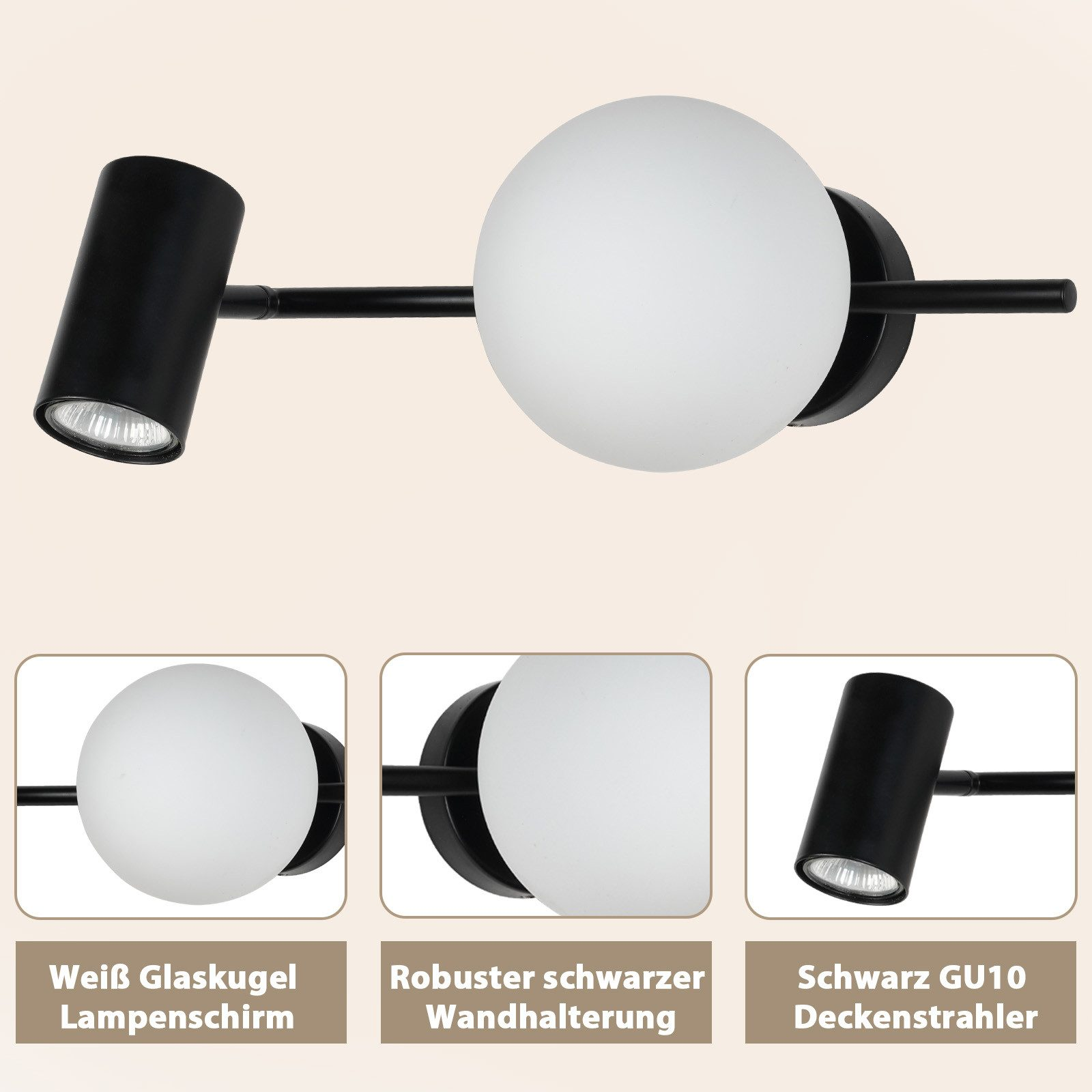 Una lampada da binario nera con un globo bianco e un faretto, con viste dettagliate di seguito.