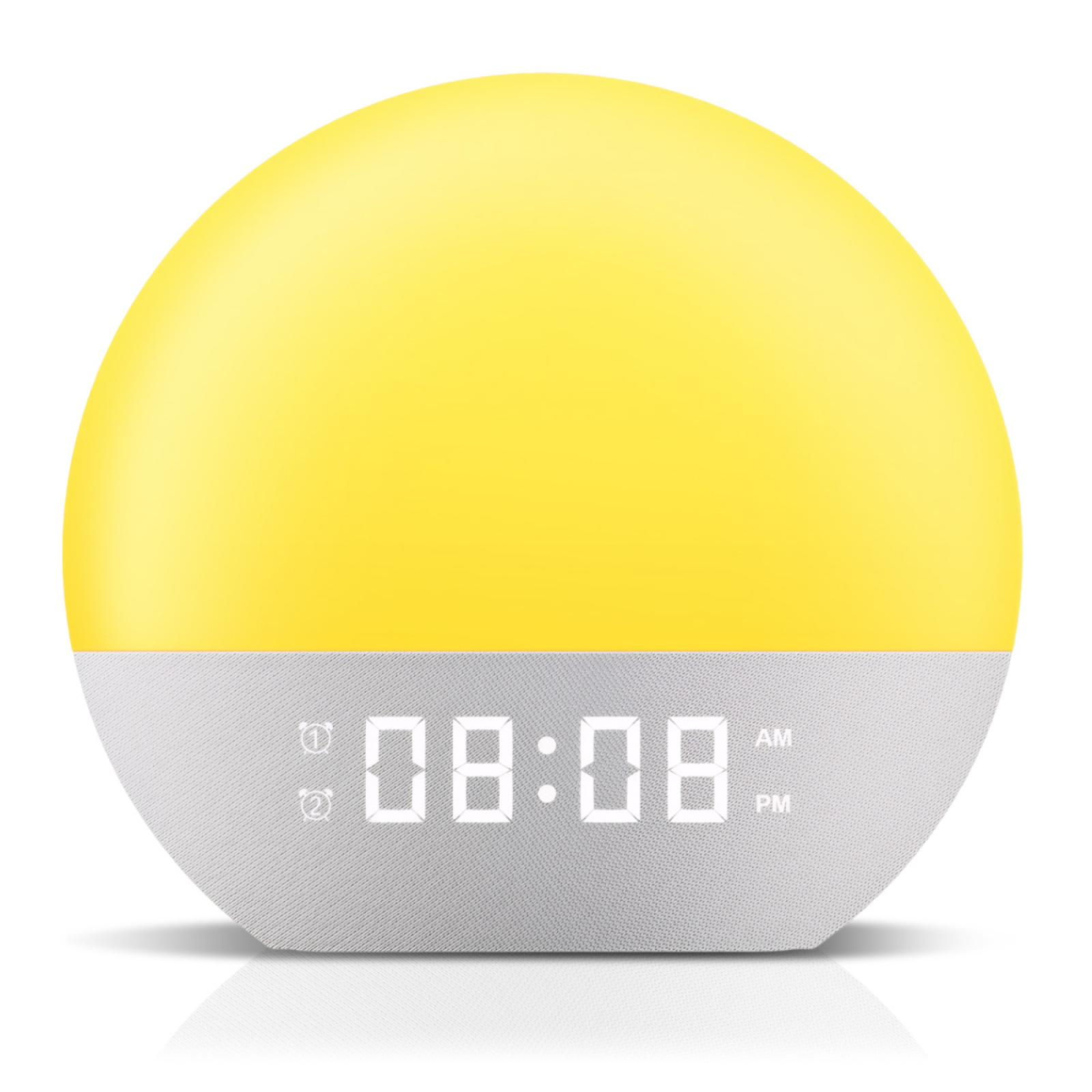 Ein grauer und gelber digitaler Wecker, der die Uhrzeit 08:08 AM anzeigt.
