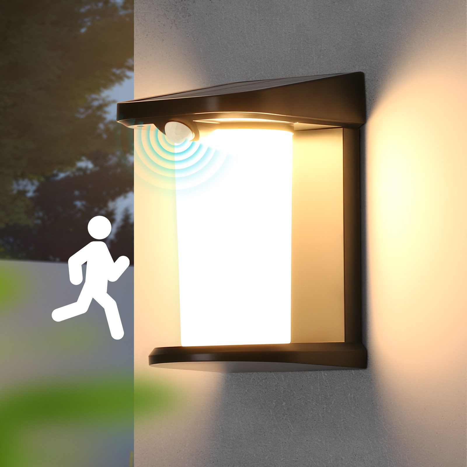 Una luce da parete nera con sensore di movimento che emette un motivo di onde luminose blu.