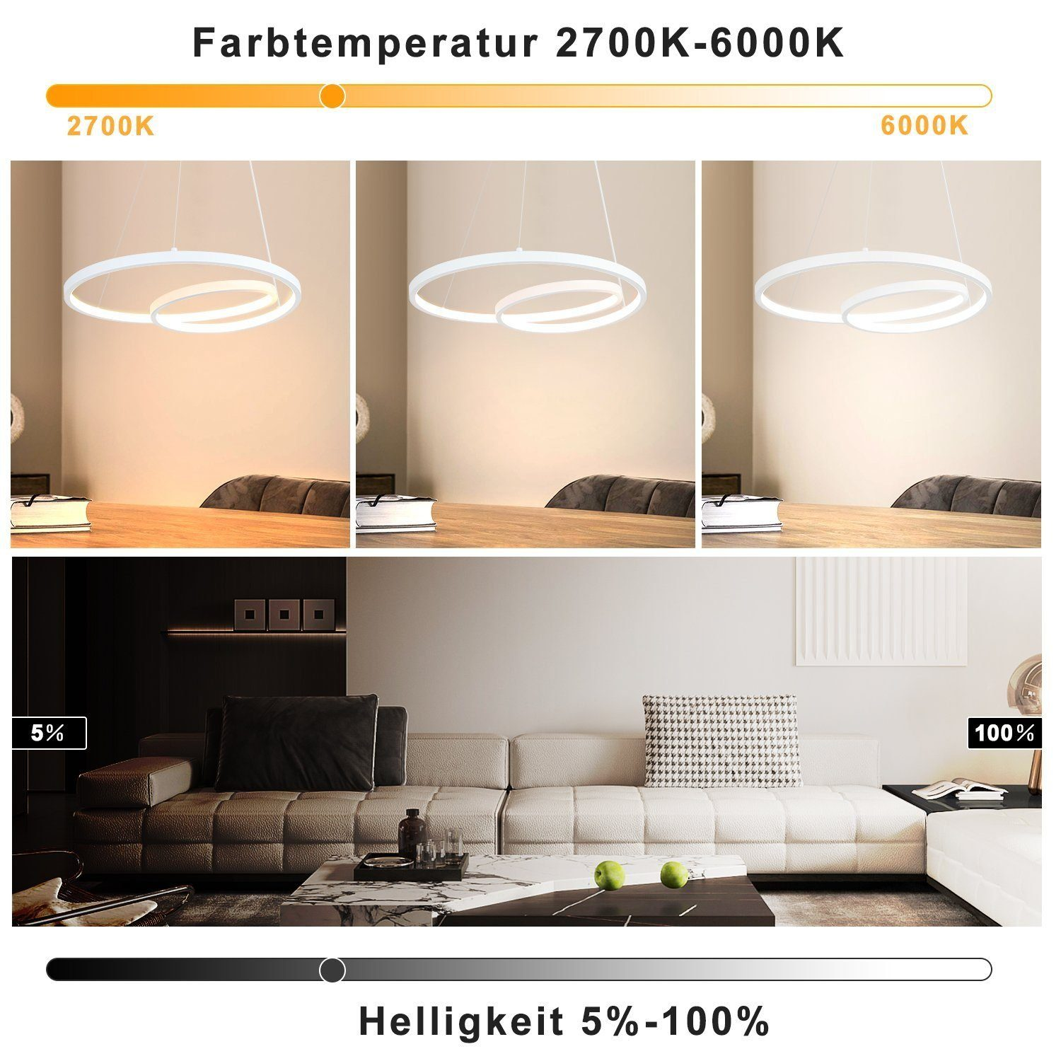 Collage che mostra una lampada ad anello bianca con diverse temperature di luce in diverse impostazioni.
