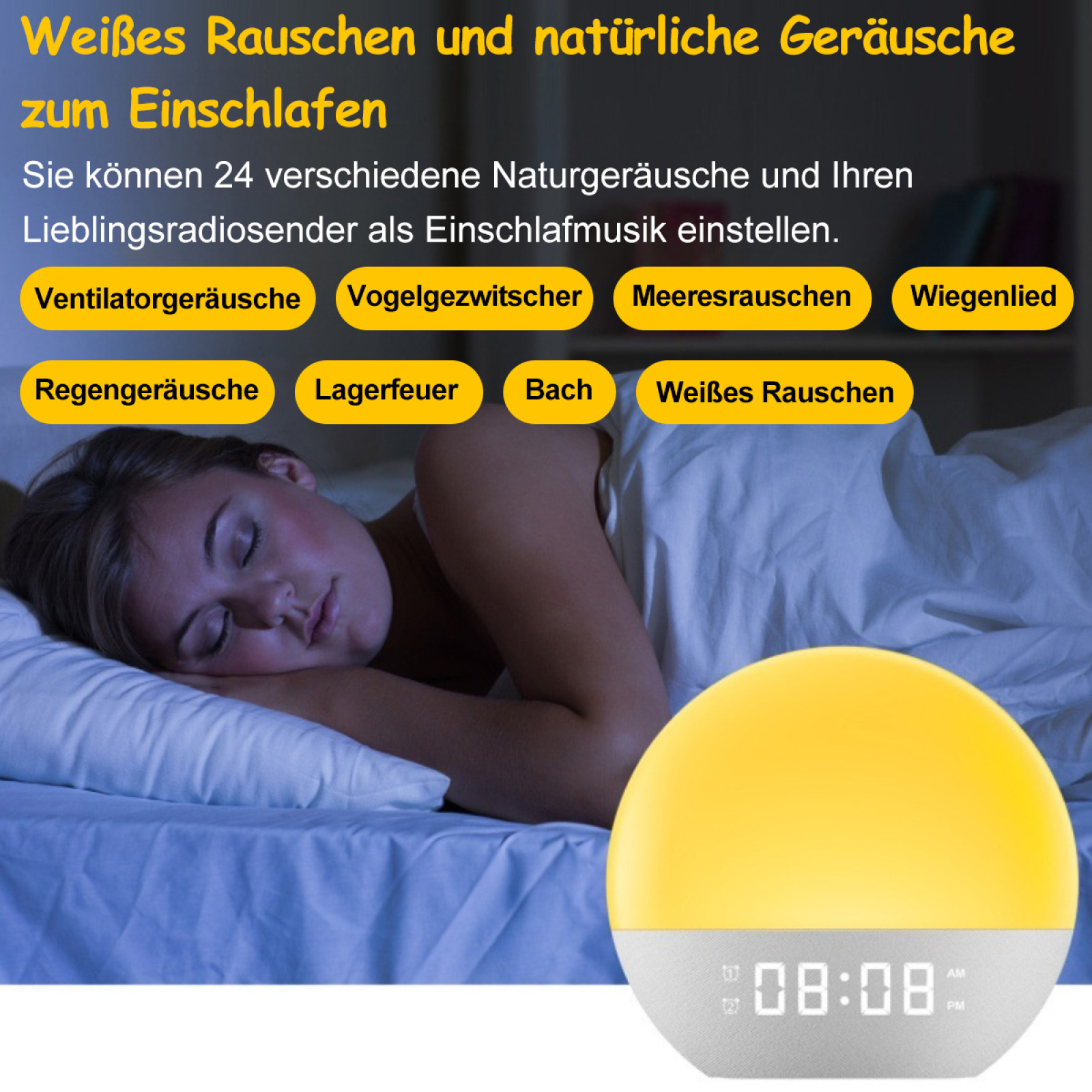 Frau im Bett mit gelber Nachttischlampe und Text über Schlafgeräusche.
